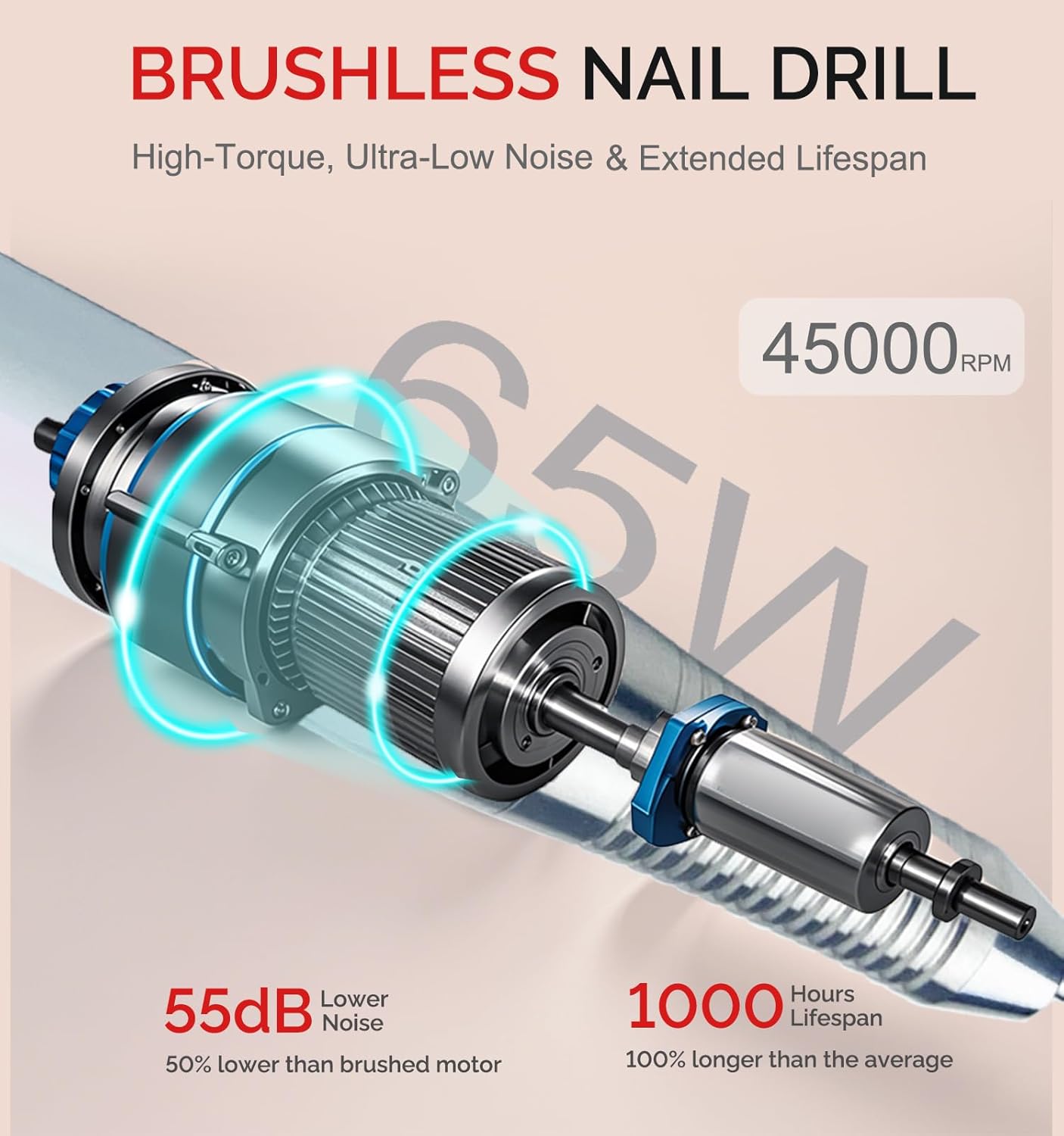 Professional Nail Drill Machine - Cordless Brushless Motor Nail File, 45000 RPM 2*3500mAh Portable Efile for Acrylic Gel Nails with 6 Bits & ETL-Certified USB Charger for Salon & Home