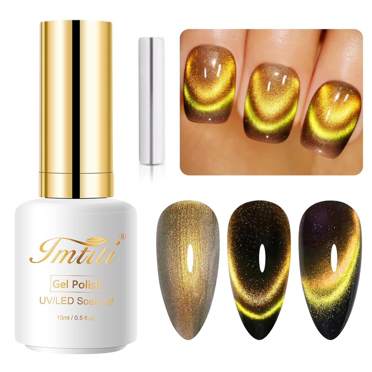 Imtiti Smile Gold Green Color Gel Nail Polish, 0.5fl oz Dopamine Cat Eye Spring Summer UV Nail Polish with Magnetic Stick, 15ML