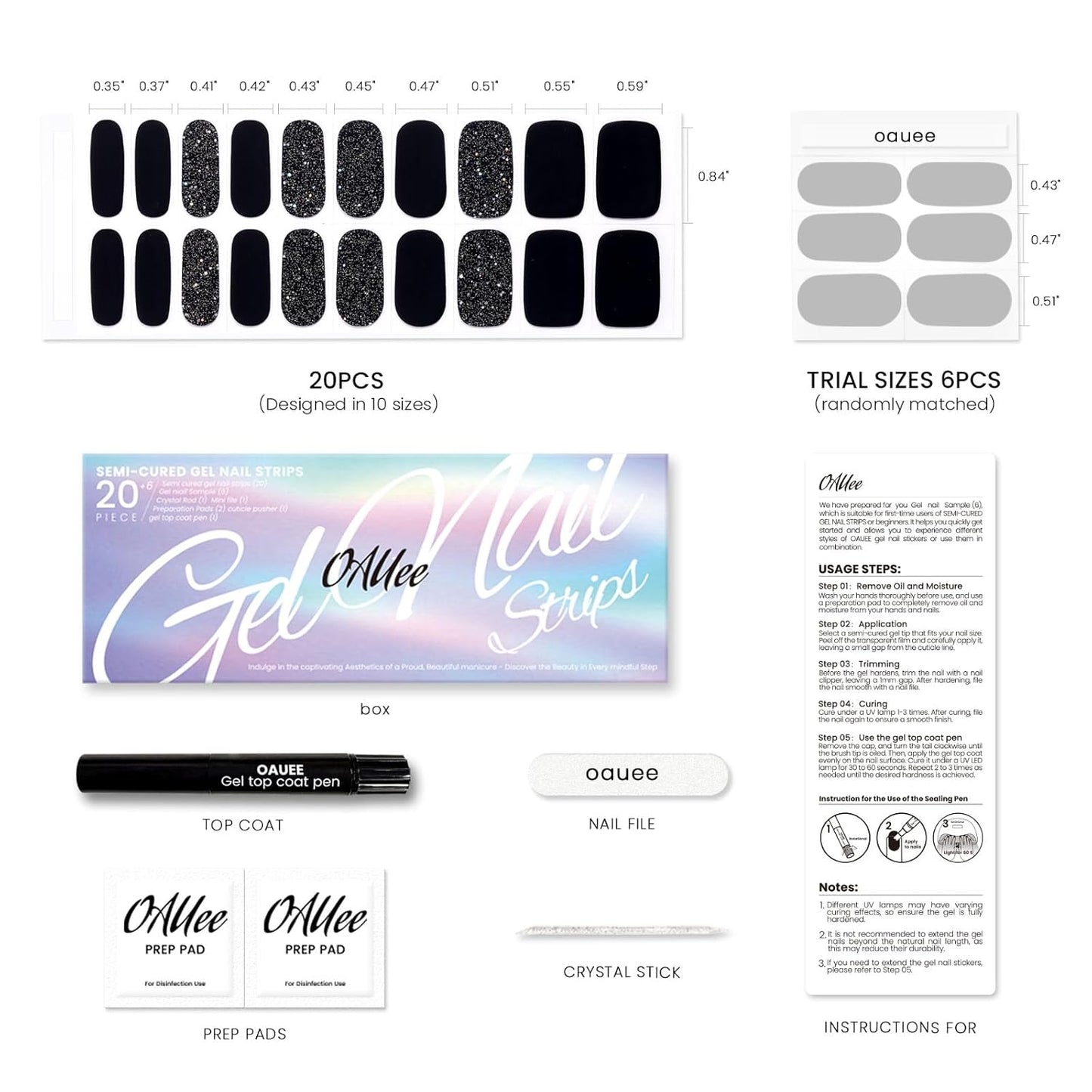 Semi Cured Gel Nail Strips | Built-In Gel Top Coat | UV Light Required | Salon Quality, Easy Application And Removal (Black Sparkle)