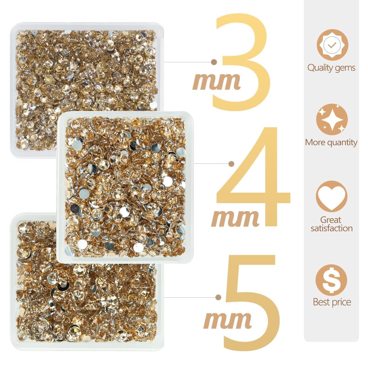 Champagne Crystal Resin Rhinestones for Crafting 3mm 4mm 5mm Golden Flatback Stones Diamonds Crystals Gems Charms for Nails Face Eyes Makeup Body Tumblers Bottles Mugs DIY Crafts Clothes Shoes