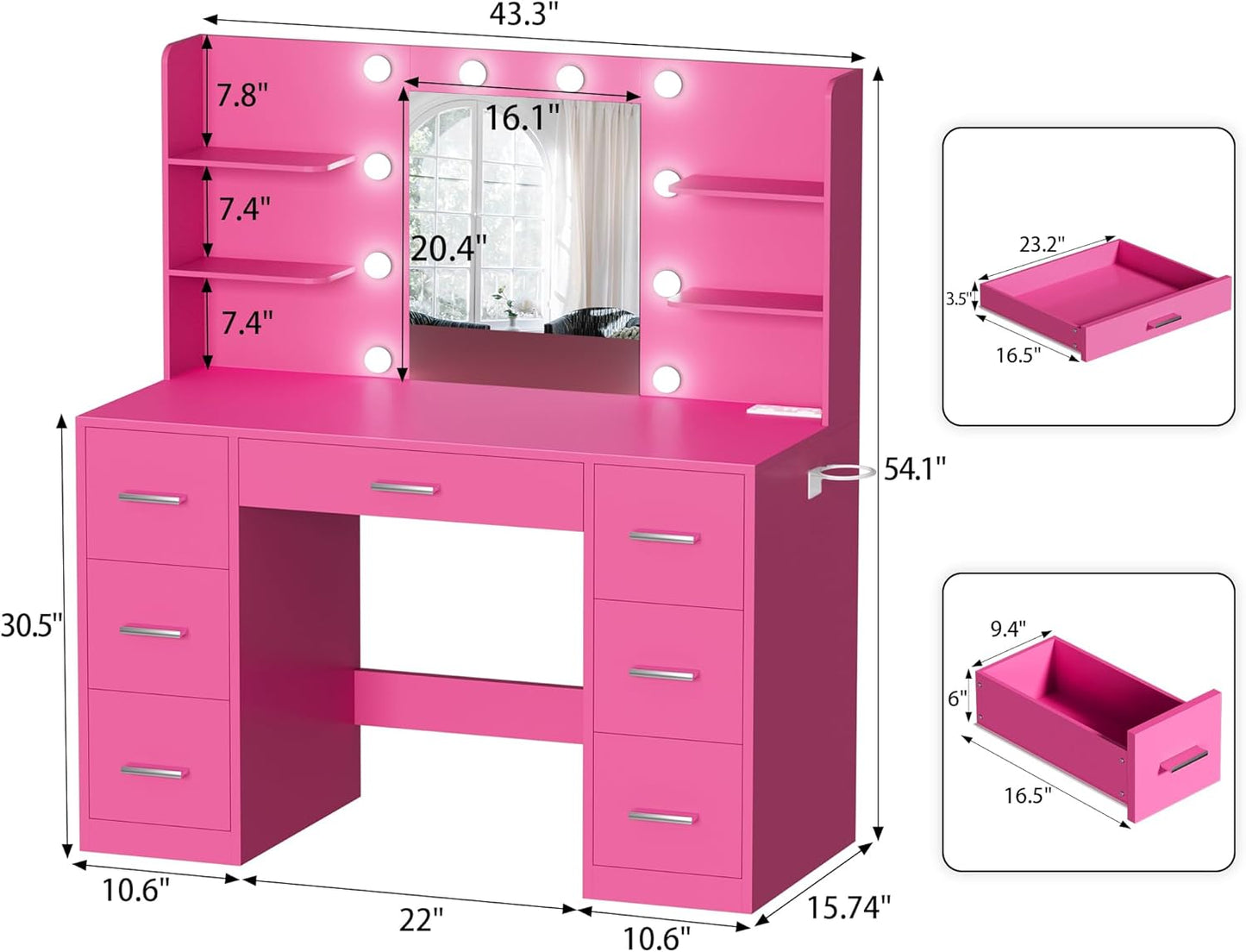 YESHOMY Vanity Desk with Mirror, Power Outlet and 10 Lights, Makeup Table with 7 Drawers, 3 Color Modes Available for Bedroom, Rose Red