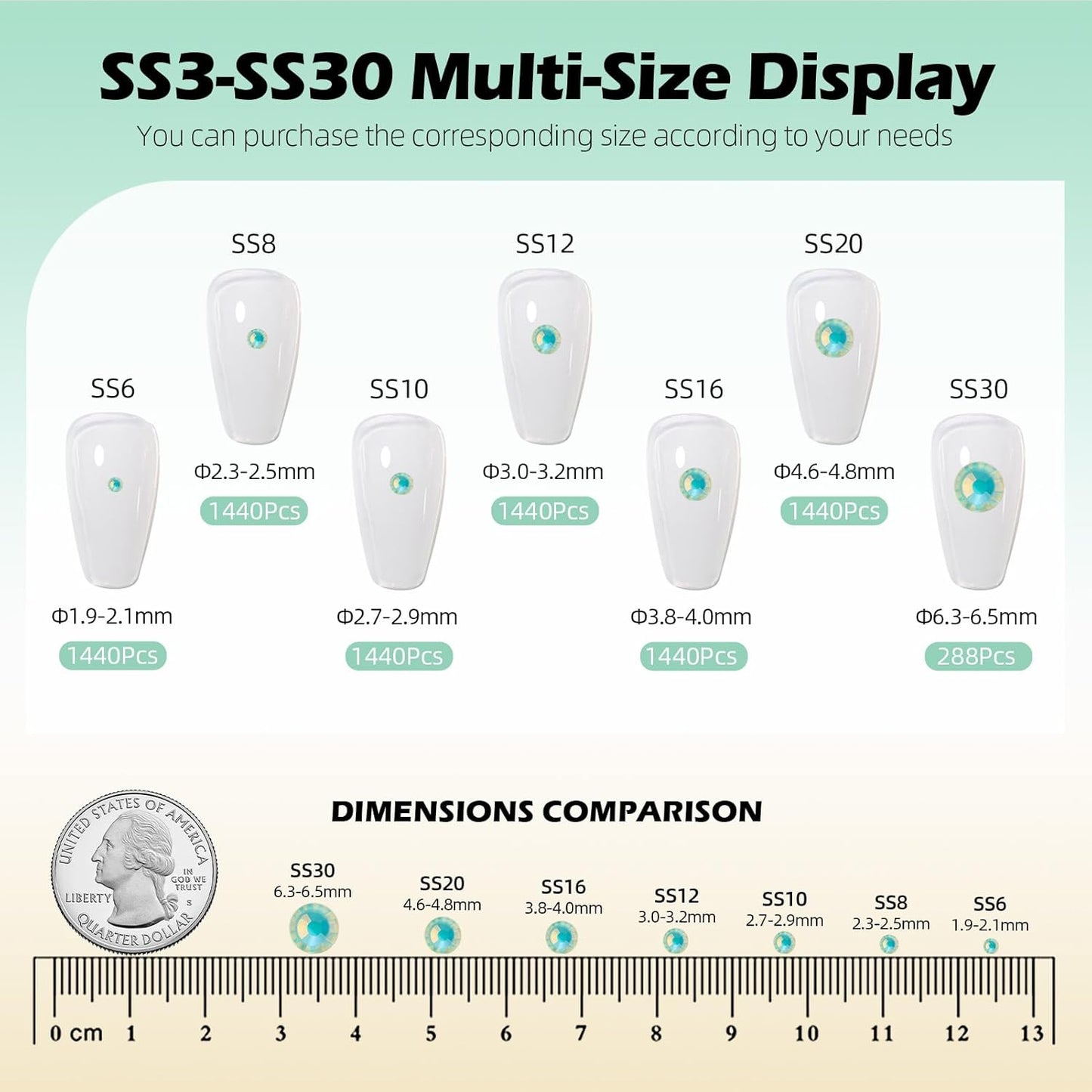 F Light Green Flatback Rhinestones, Glass Rhinestones for Nail Art and Craft, Glue Fix, Loose Crystal Gemstones(F Light Green, SS8, 1440pcs, 2.3-2.5mm)