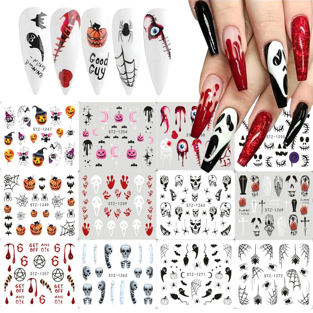12 Sheets Halloween Nail Art Sticker Decals Horror Water Transfer Nails Foils Pumpkin Ghost Skull Spider Blood Evil Eye Halloween Design Nail Art Decoration Nail Slider Decal for Women DIY Nail Supply