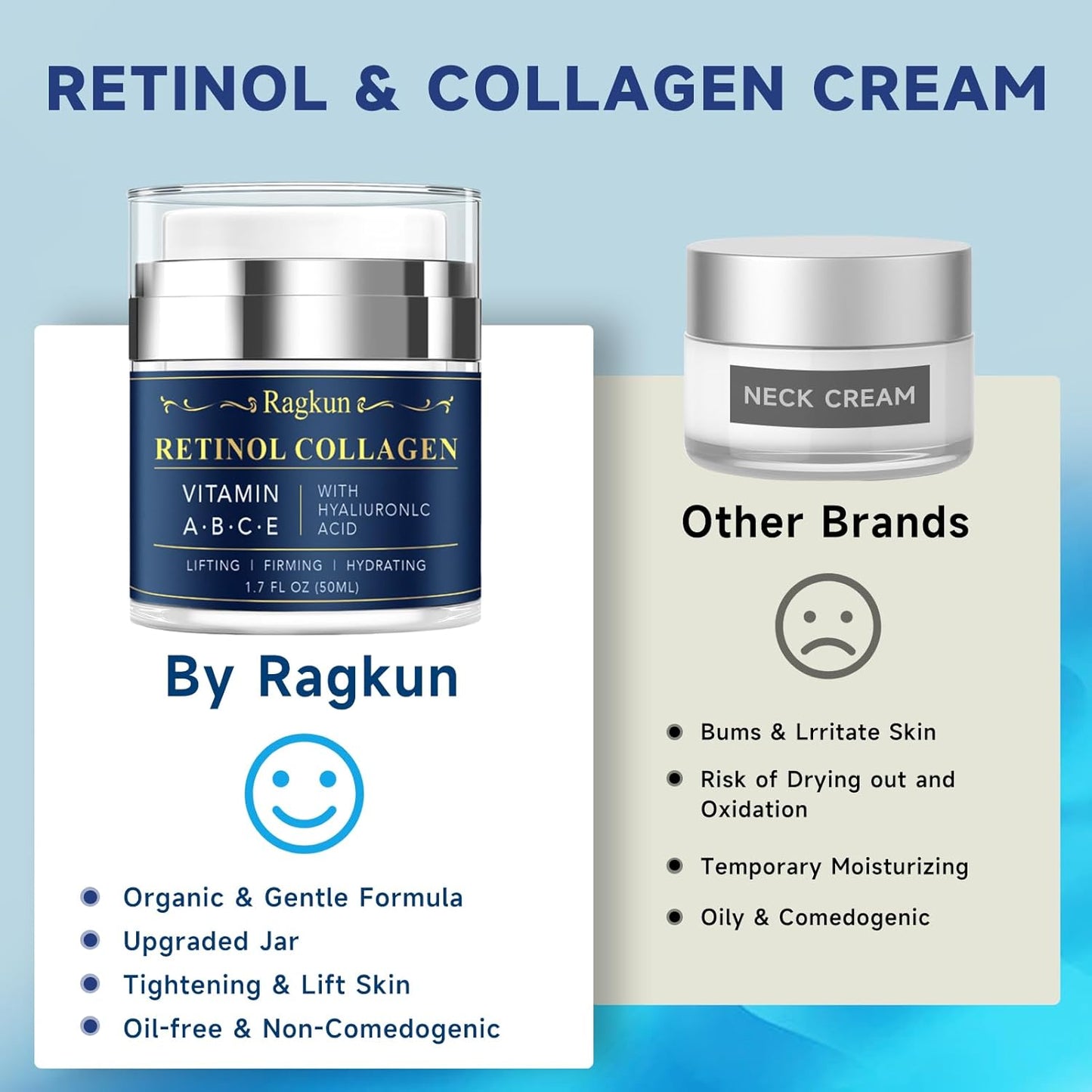 Retinol Cream for Face, Collagen Neck Creams for Tightening and Firming, Anti Aging Facial Moisturizer for Women & Men, Instant Face Lift Wrinkle Cream with Glycolic Acid Pads
