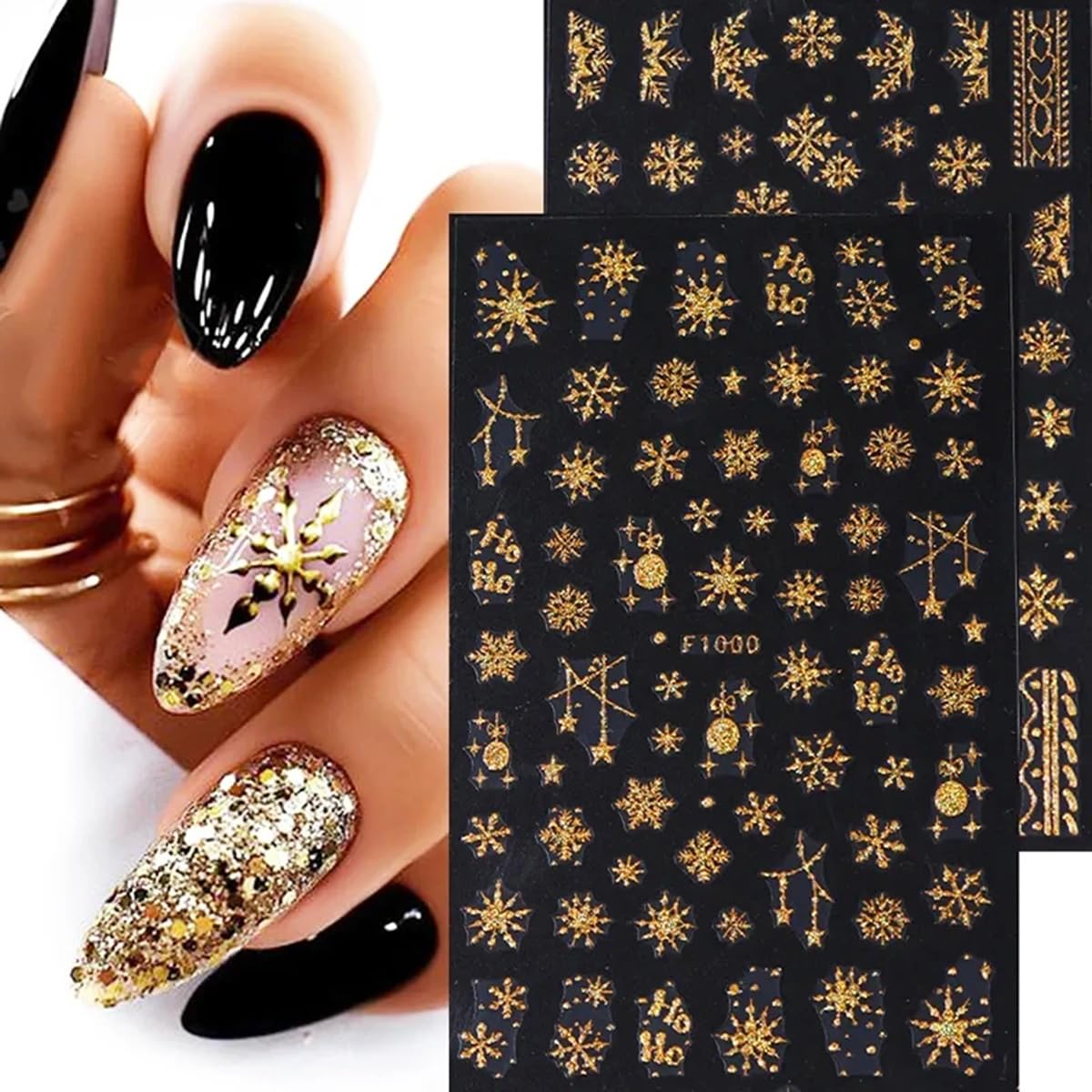 8 Sheets Gold Snowflakes Nail Art Stickers 3D Self-Adhesive Christmas Stickers Winter Nail Decals White Gold Designs Elk Snowflake Nail Supplies Holiday Nail Sticker for Nail Art DIY Christmas Nails