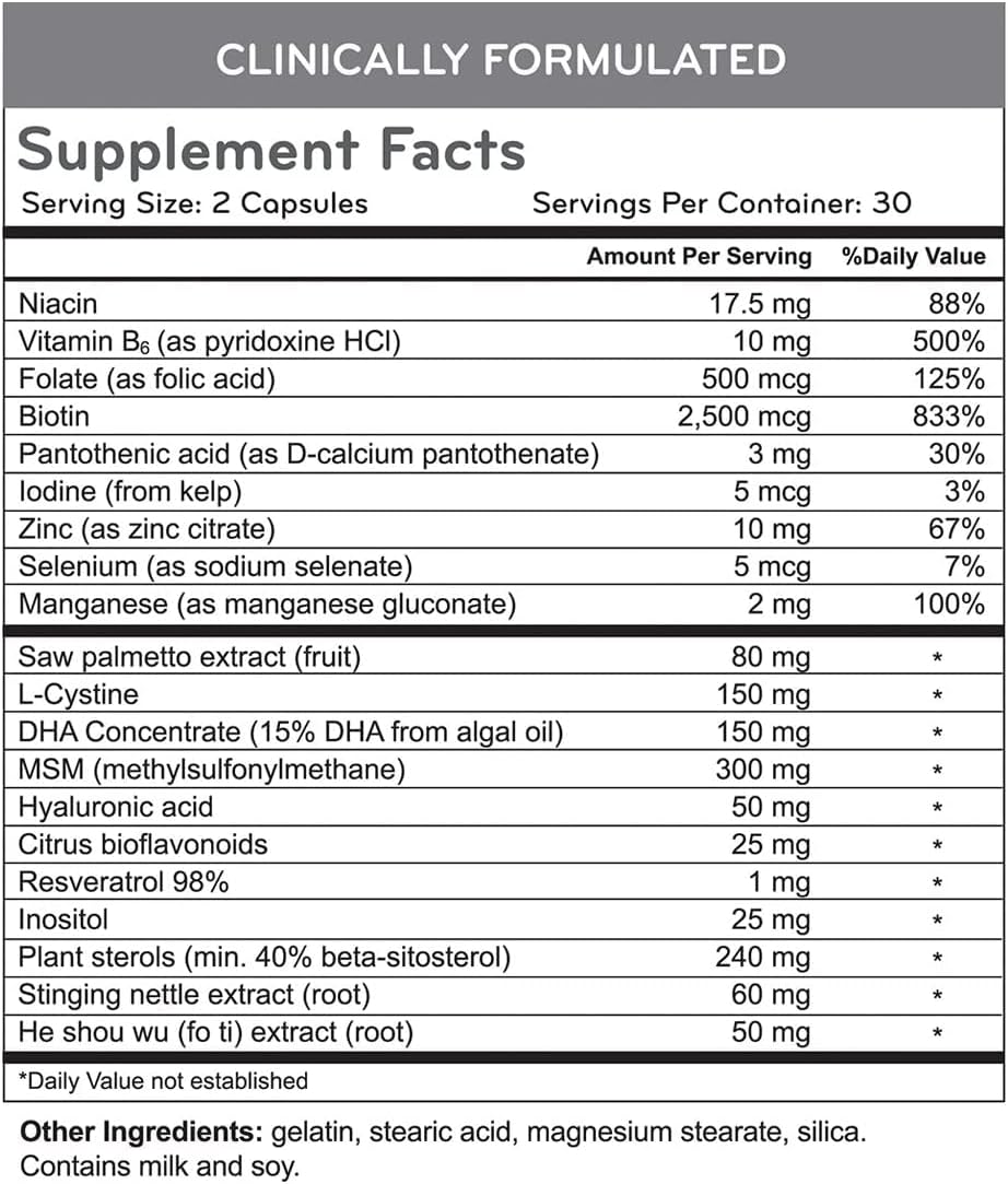 Hairmax Hair, Skin and Nails Dietary Supplement – Hair Loss & Hair Regrowth Treatment. 2500mcg Biotin, DHT Blocker, MSM & Antioxidants, 60 Capsules