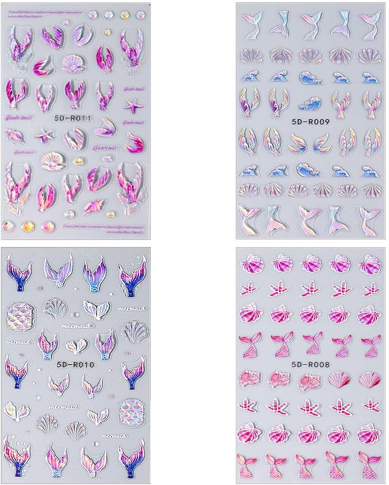 5D Dreamy Mermaid Tail Nail Stickers Summer Nail Decals 5D Embossed Laser Mermaid Nail Art Stickers Sea Wave Fishtail Shellfish Starfish Nail Design Stickers Self Adhsive Ocean Stickers for Nails DIY