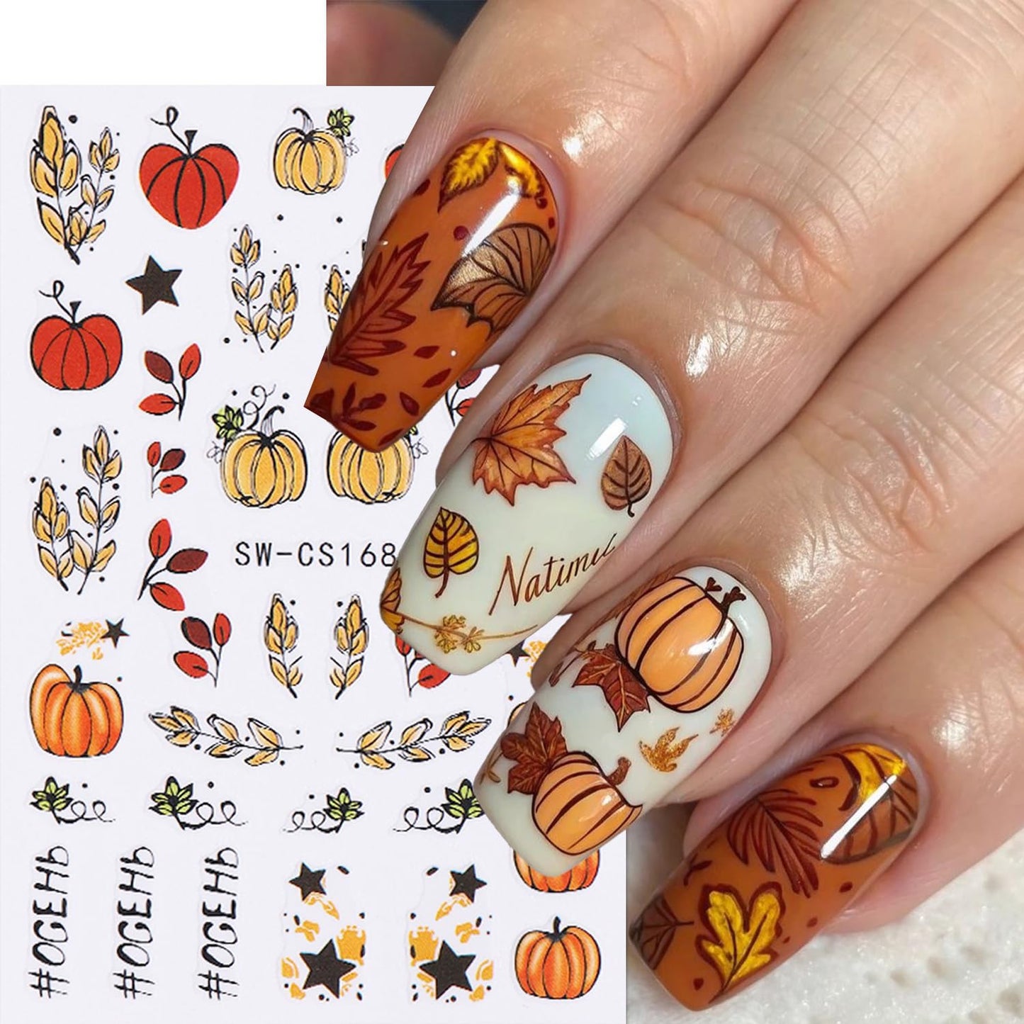 8 Sheets Fall Nail Art Stickers Autumn Maple Leaf Pumpkin Nail Sticker 3D Self-Adhesive Yellow Maple Leaves Nail Decals Designs Thanksgiving Day Holiday DIY Manicure Decoration Sticker for Women