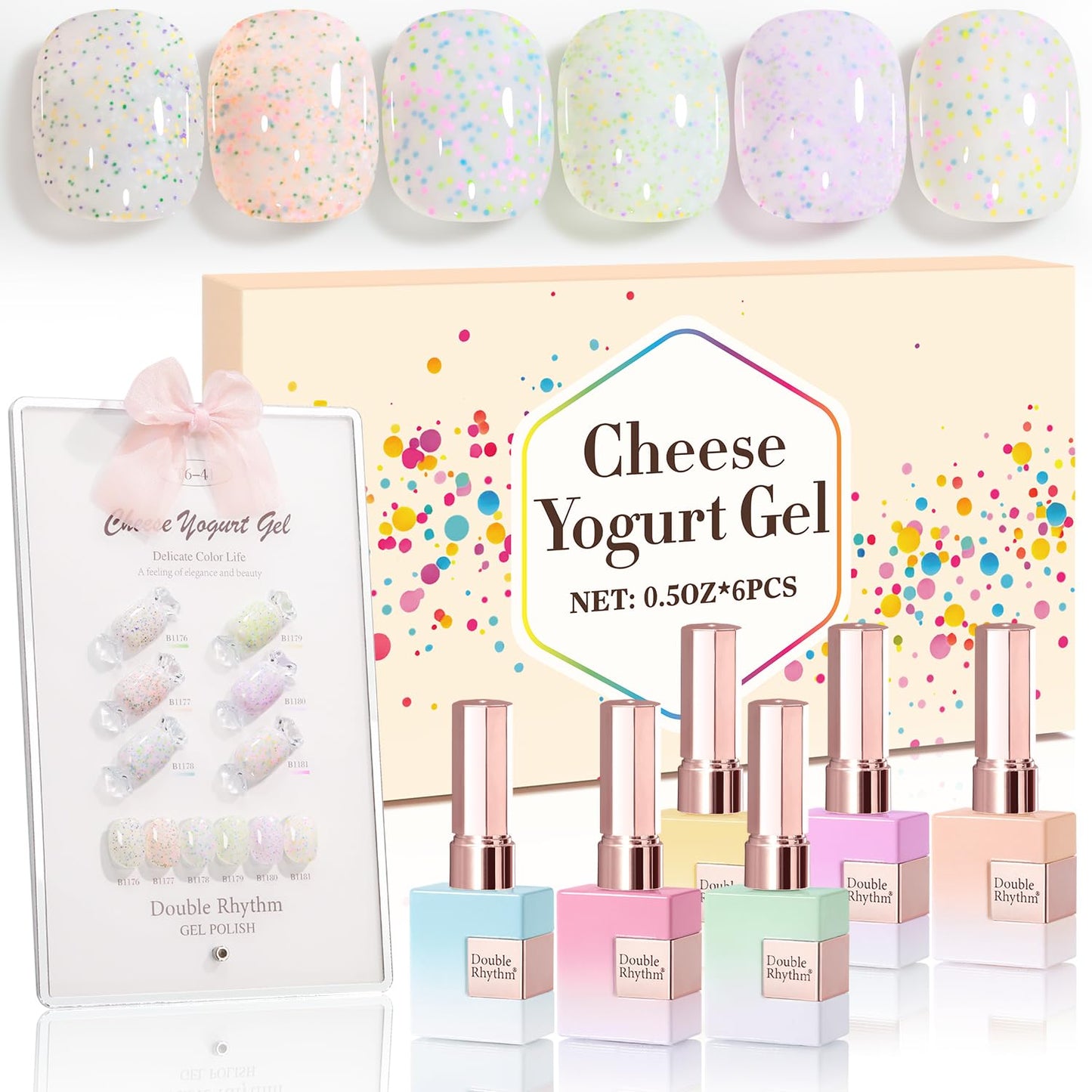Double Rhythm 0.5 Oz Glitter Gel Polish Set of 6 Color with Display Borad 15 ml Full Size Kit Shimmer Reflective Sparkle Soak Off Manicure Salon DIY at Home (Eggshell Green Purple Colorful Dots-T6-41)