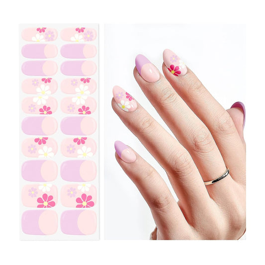 Semi Cured Gel Nail Strips | Built-In Gel Top Coat | UV Light Required | Salon Quality, Easy Application And Removal (Pink White Daisies)
