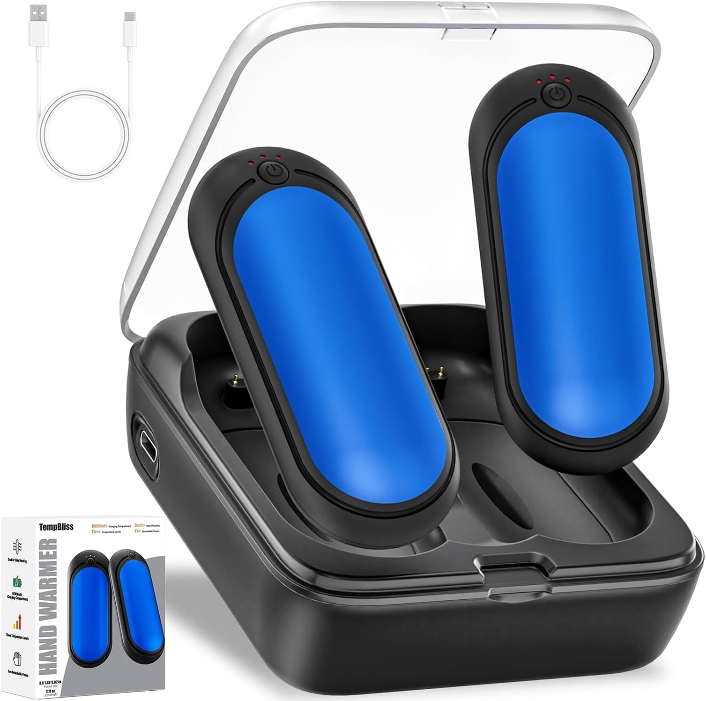 Hand Warmers Rechargeable 2 Packs with 10000 mAh Charging Box, Temperature Control Electric HandWarmers, Portable Pocket Size Heater for Christmas, Outdoors, Hunting, Golf, Sports, Camping Accessories