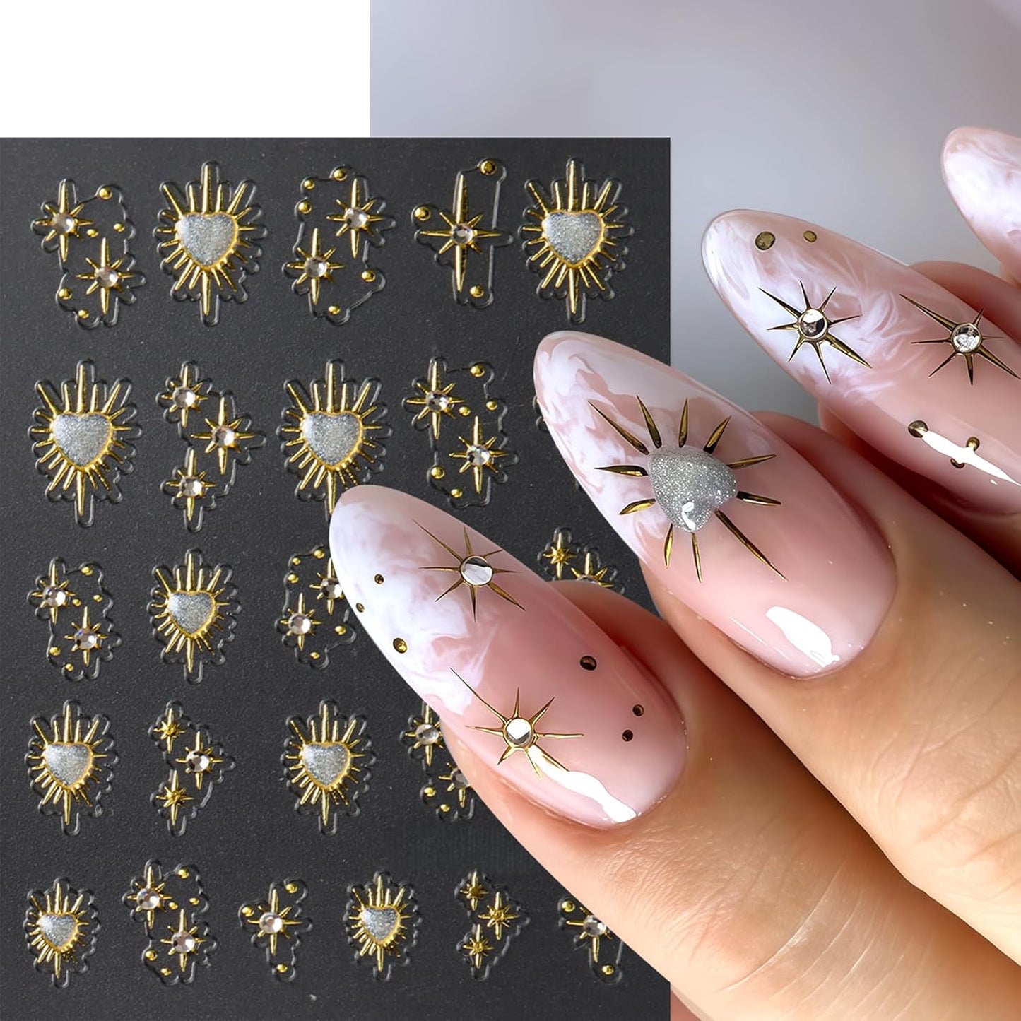 3 Sheets Star Nail Stickers for Nail Art 5D Embossed Gold Nail Decals with Heart Rhinestones Star Design Manicure Supplies Aurora Heart Metallic Star Nail Art Stickers for Women DIY Decor Accessories