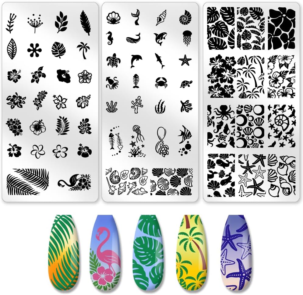 3Pcs Tropical Floral Plant Nail Stamping Plate French Tip Nail Stamping Templates Marine Animals Nail Art Stamp Plates Image Plate Stainless Steel DIY Reusable Tools for Manicure Printing