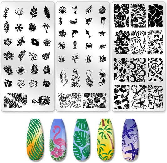 3Pcs Tropical Floral Plant Nail Stamping Plate French Tip Nail Stamping Templates Marine Animals Nail Art Stamp Plates Image Plate Stainless Steel DIY Reusable Tools for Manicure Printing