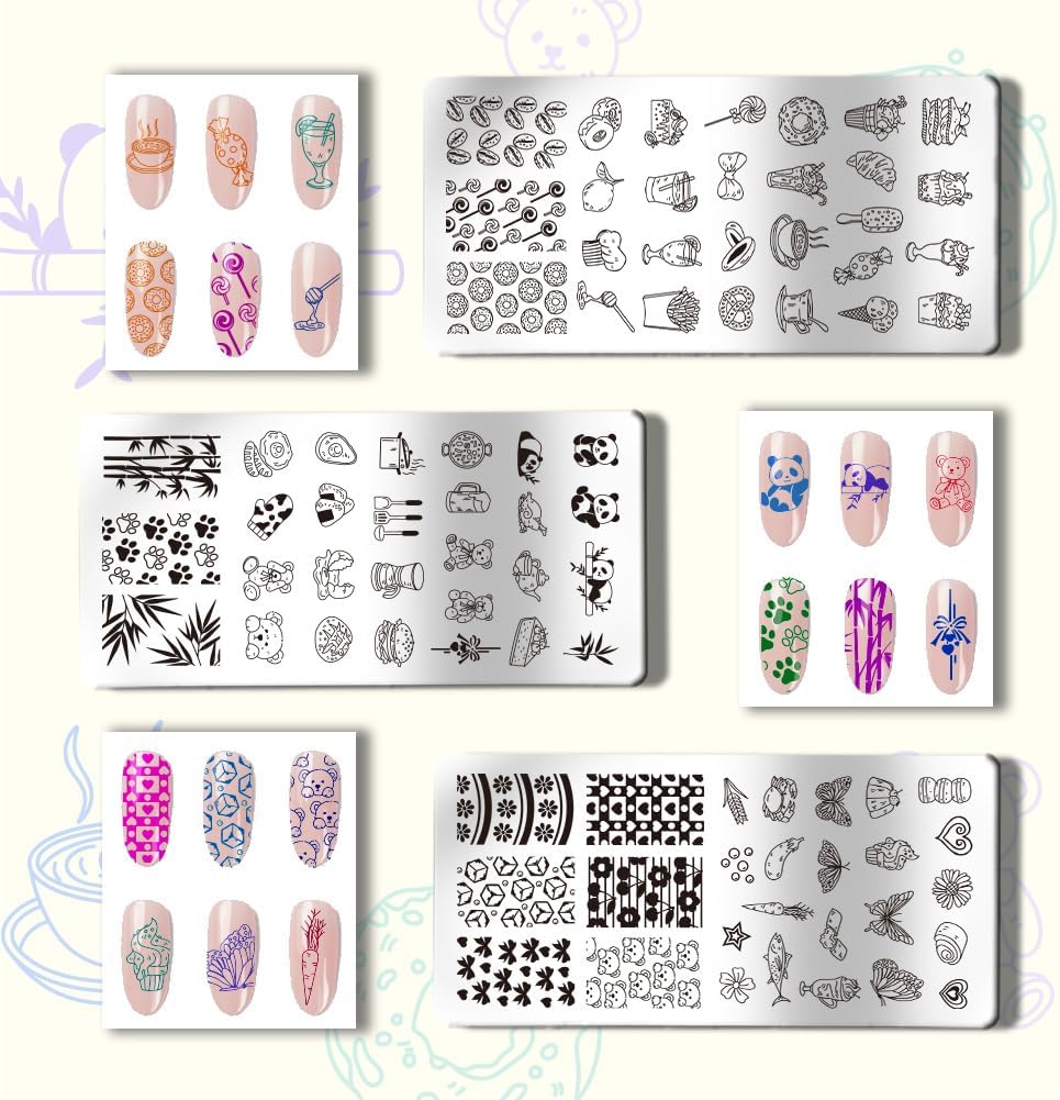 PH PandaHall 3pcs Panda Nail Stamper Food Nail Art Stamping Plate Cake Nail Printing Plate Animal Nail Stencils Print Nail Stencils Stainless Steel Nail Image Plates for Nail Design Manicure Salon