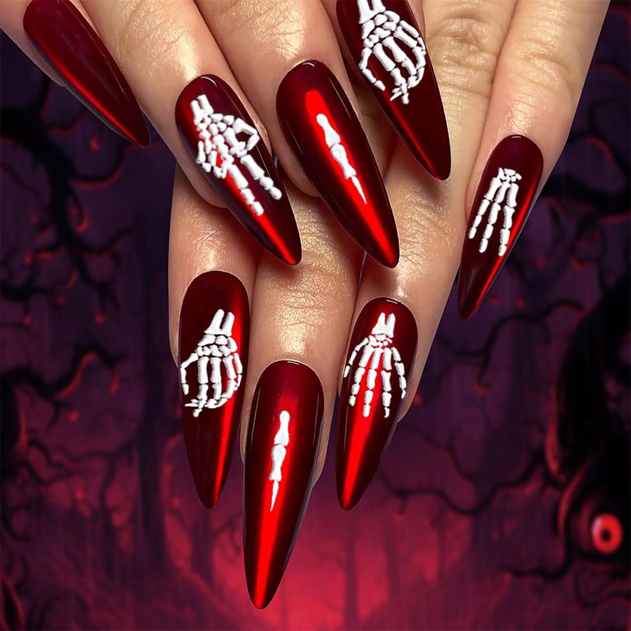 8 Sheets Halloween Nail Stickers 5D Embossed Skull Finger Nail Stickers Self-Adhesive Horror Skeleton Decals for Women