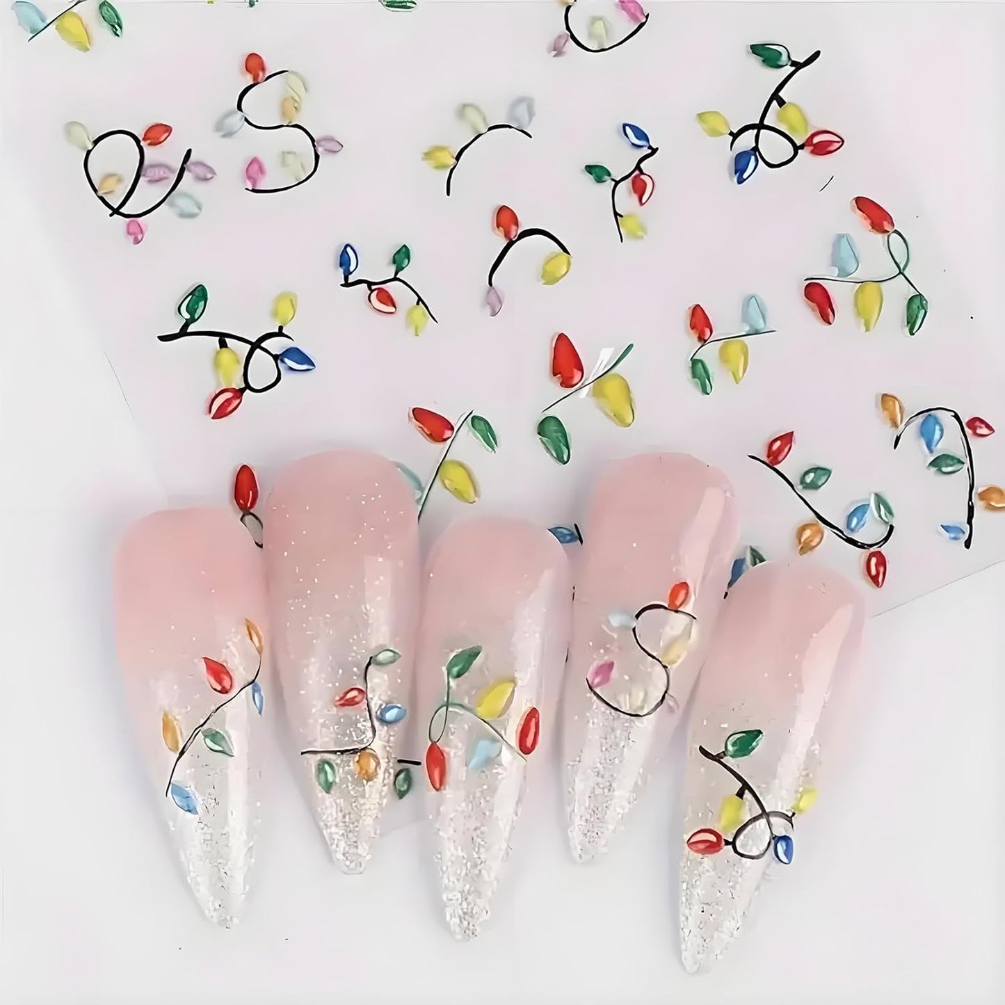 2Pcs Christmas Nail Art Stickers Decals 5D Embossed Christmas Nail Decals Colorful Light String Nail Stickers Xmas Lanterns Nail Supplies New Year Winter Nails Supplies for Women Manicure Tip Decor