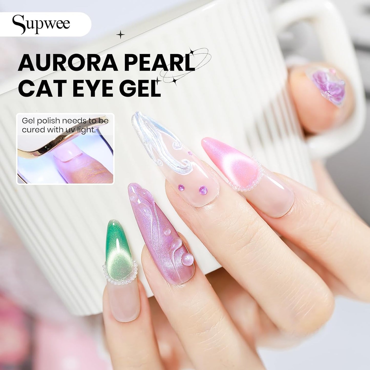 Aurora Magnetic Cat Eye Gel Nail Polish 12 Colors Mermaid Shimmer Glitter Cateye Gel Polish Spring Summer Colors Cat Eye Manicure Gift Soak Off Lamp Salon DIY at Home