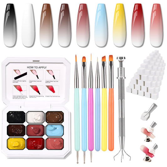 Sponge Pat Paint Nail Gel & Tools Kit, 9 Colors Ombre Nails Gradient Gel Nail Blush Blooming Aura Nails Drawing Stripper Floral Painting Nail Art, No Wipe, UV/LED Curing (9 Colors Set D)