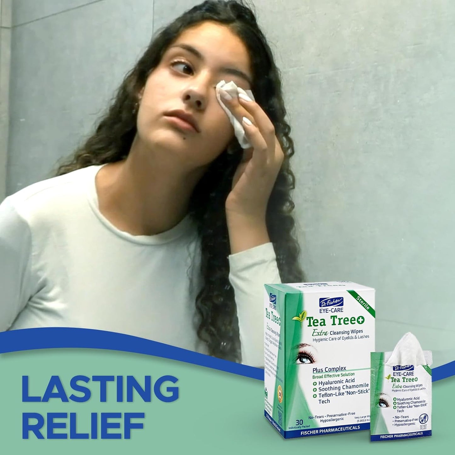 Dr. Fischer Tea Tree Oil Eye Wipes - Eyelid Wipes for Sensitive Eyes with Hyaluronic Acid and Chamomile, Makeup Remover, Daily Cleanser (30 wipes)