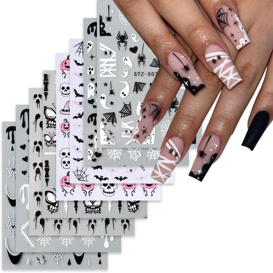 8 Sheets Halloween Nail Decals Black White Ghost Spider Web Nails Sticker Cute Pumpkin Skull Nail Art Decal Self-Adhesive Bat Blood Drop Nails Art Stickers for Women Halloween Decor