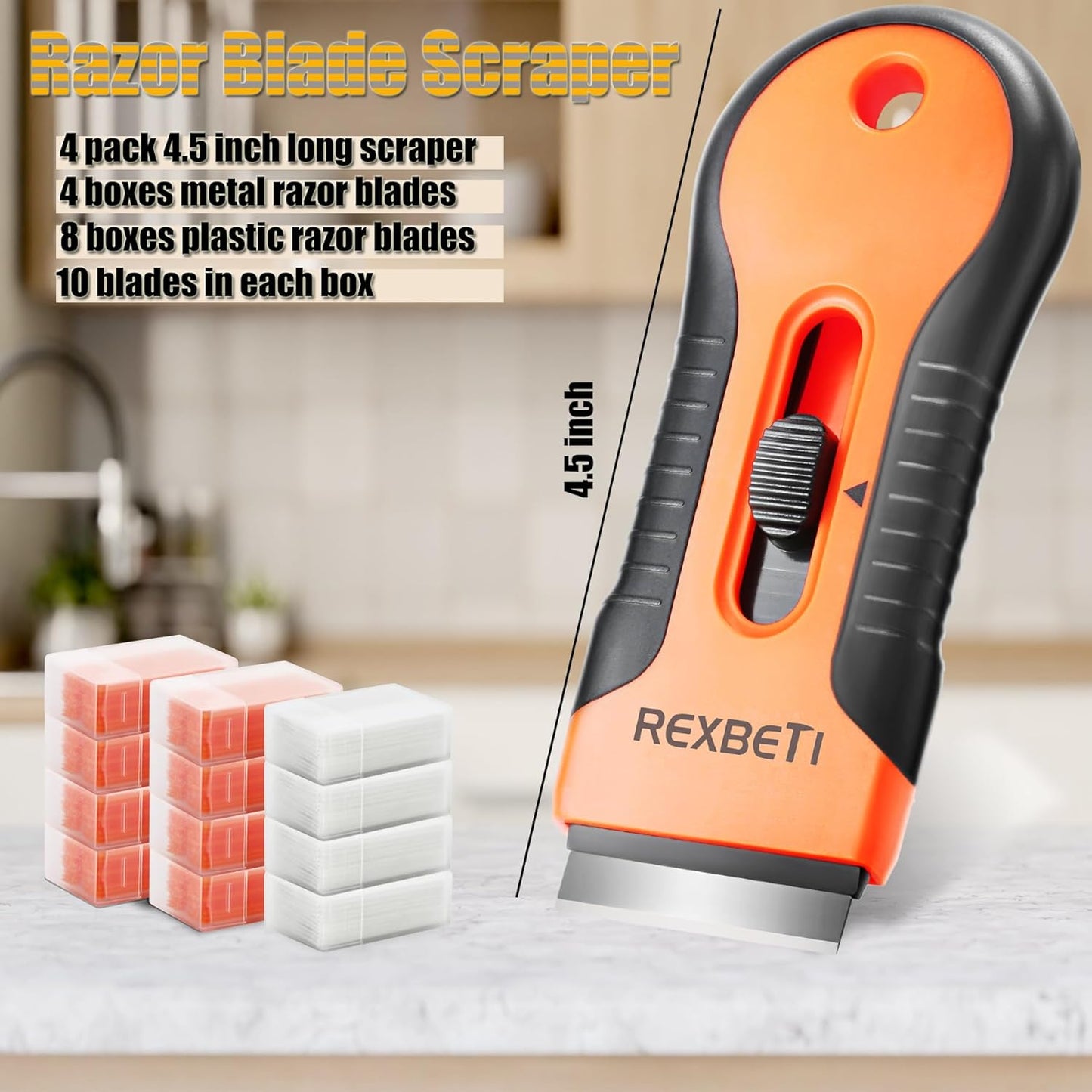 REXBETI Razor Blade Scraper Tool, 4 Pack Razor Scraper Set with Extra 120Pcs Razor Blades- 40Pcs Metal and 80Pcs Plastic Blades, Cleaning Scraper Tool, Cooktop Scraper, Paint Scraper, Glass Scraper