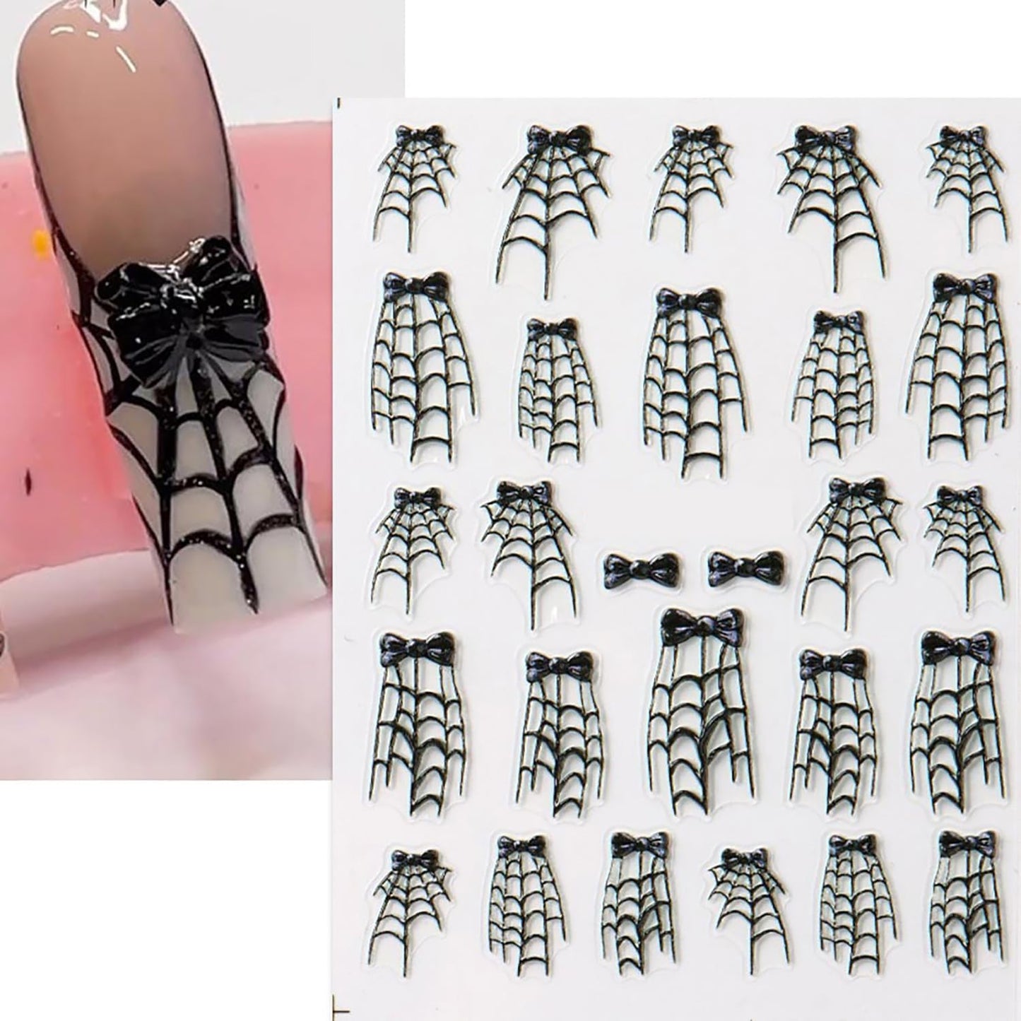 Spider Web Nail Stickers 5D Embossed Halloween Nail Decals for Press Ons 2PCS Self-Adhesive Black Cobweb Bow Design Halloween Nail Charms Holiday Nail Decorations Nail Art for Women DIY Manicure