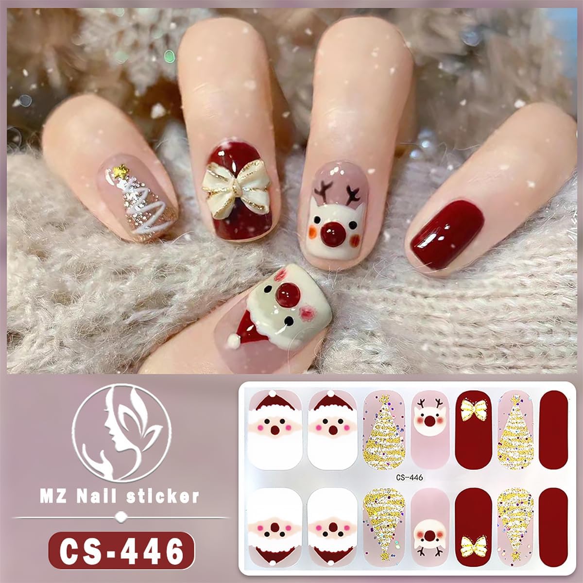 6 Sheets Christmas Nail Wraps Stickers 3D White Snowflake Nail Polish Strips Self-Adhesive Winter Holiday Full Wraps with Xmas Trees Santa Reindeer Gel Nail Stickers for Women Girls Acrylic Nails DIY