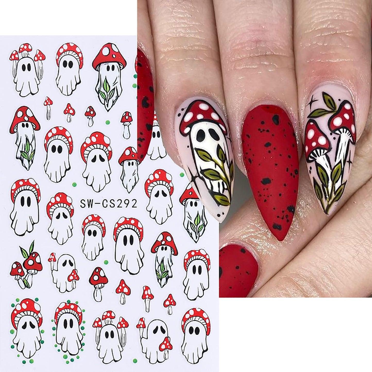 Halloween Mushroom Nail Stickers, 3D Self-Adhesive Cute Halloween Nail Decals Ghost Mushroom Nail Design Stickers Holiday Nail Decorations Nail Art for Women DIY Manicure Accessories 4PCS
