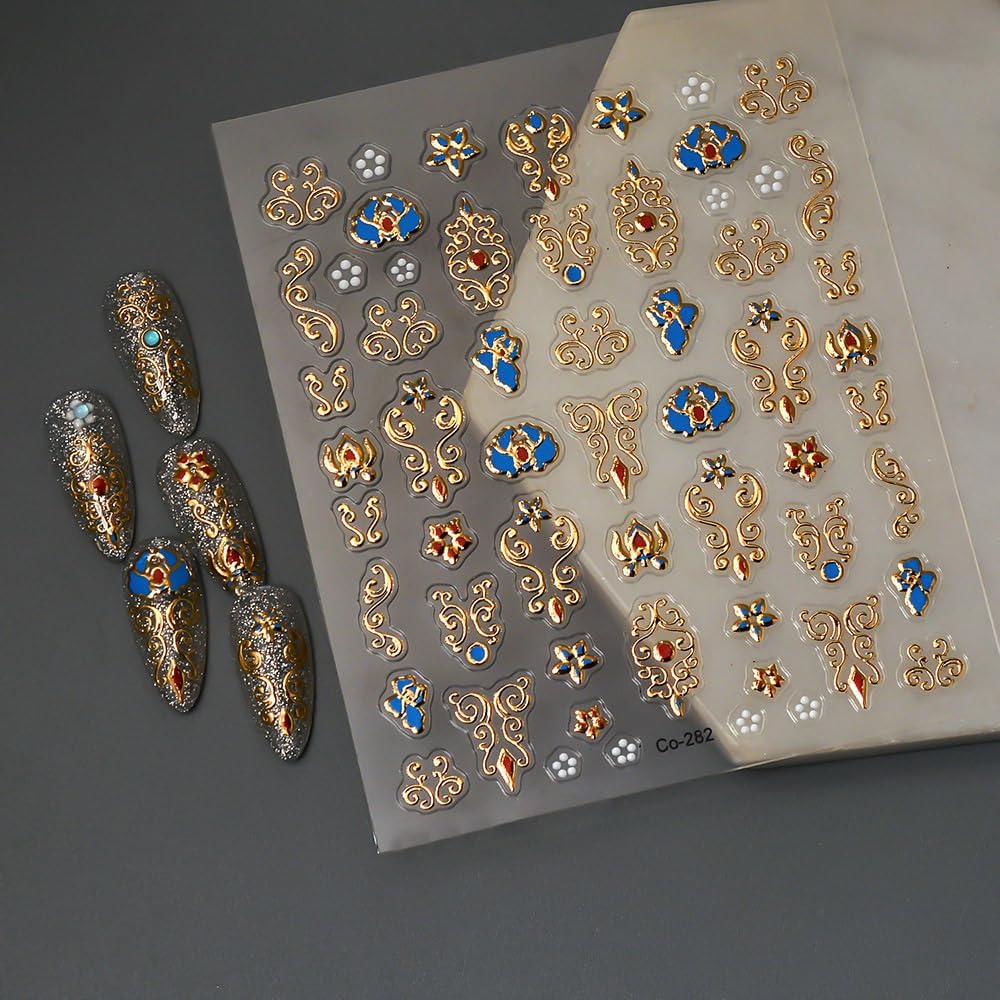 Gold Fall Nail Art Stickers 5D Embossed Geometric Bohemian Nail Stickers, Self-Adhesive Durable Nail Art Decals for Women Girls, Nail Wraps Decoration Manicure for DIY Acrylic Nail Accessories