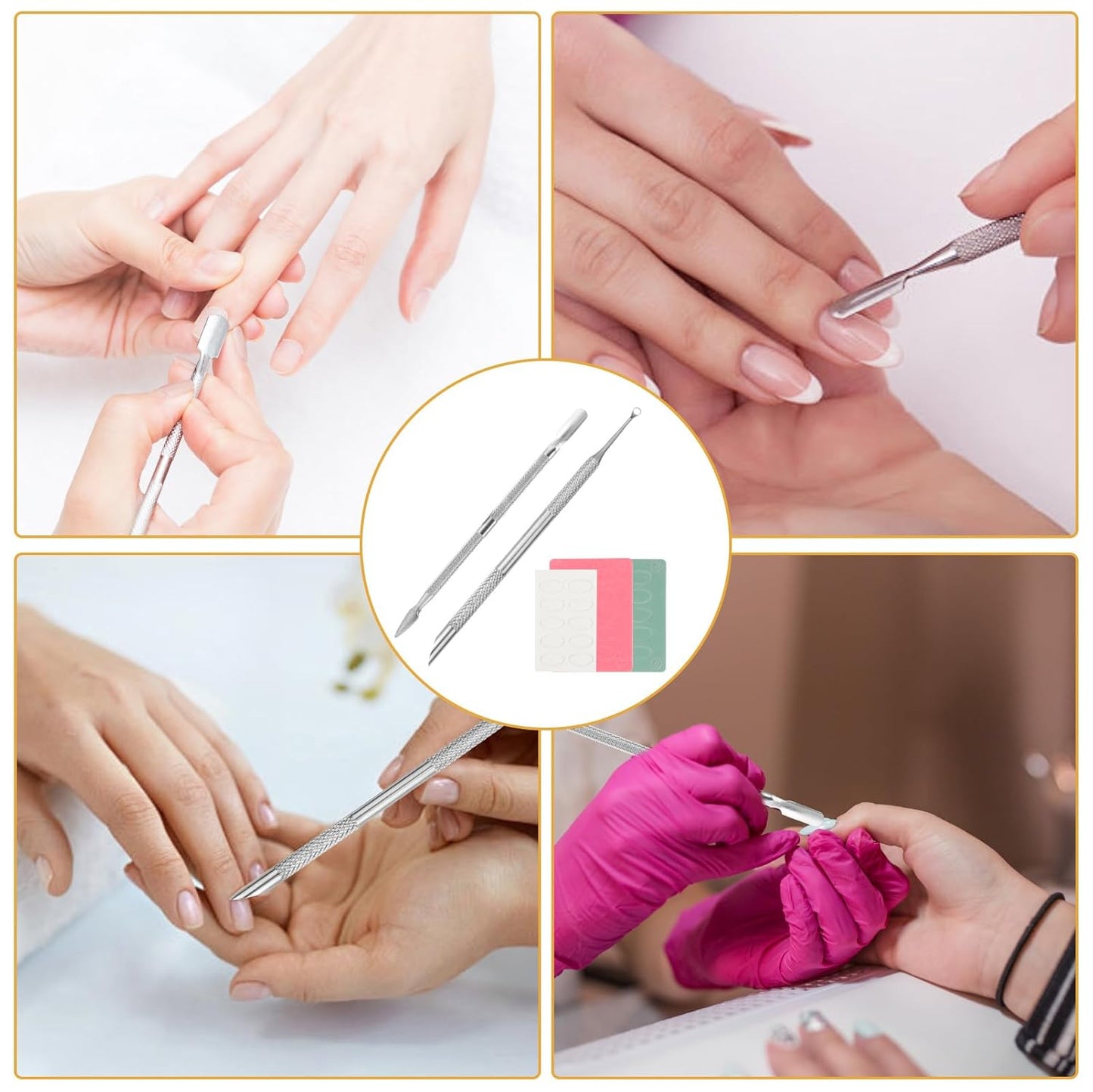 Professional Nail Cuticle Around Polish Remover Tool, Stainless Steel Dual-Ended Russian Prep Cuticle Pusher Tool with 9 Sheets 100/180/240 Grit Sandpaper for Manicure Pedicure Home Salon Use