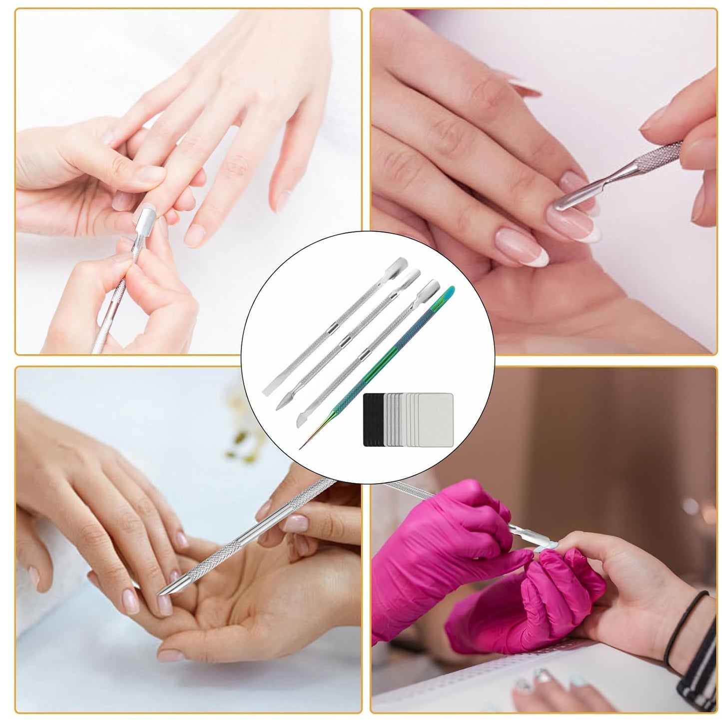 4 Pack Professional Nail Polish Around Cuticle Remover Tools, Pre-treatment Cuticle Pusher with 15 Sheets 100/180/240 Grit Sandpaper, Dual-Ended Russian Nail Polish for Manicure Pedicure Salon
