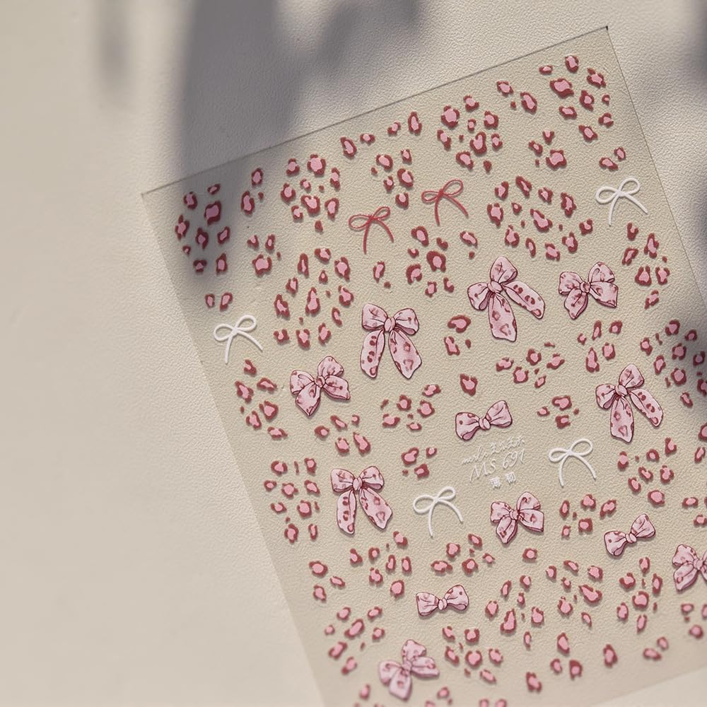 Pink Leopard Bow Nail Art Stickers 3D Embossed Fall Winter Nail Stickers, Self-Adhesive Durable Nail Art Decals for Women Girls, Nail Wraps Decoration Manicure for DIY Acrylic Nail Accessories