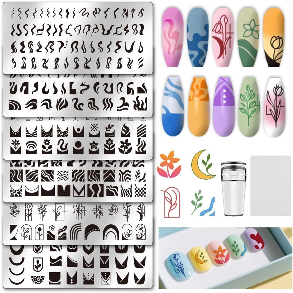 UNICRAFTALE 6Pcs French Line Nail Plates Stamping Set Wave Stripe Stamp Nail Templates Reusable Stencils Stainless Steel DIY Nail Art Plates Nail Stamp Templates Kit DIY Printing Tools