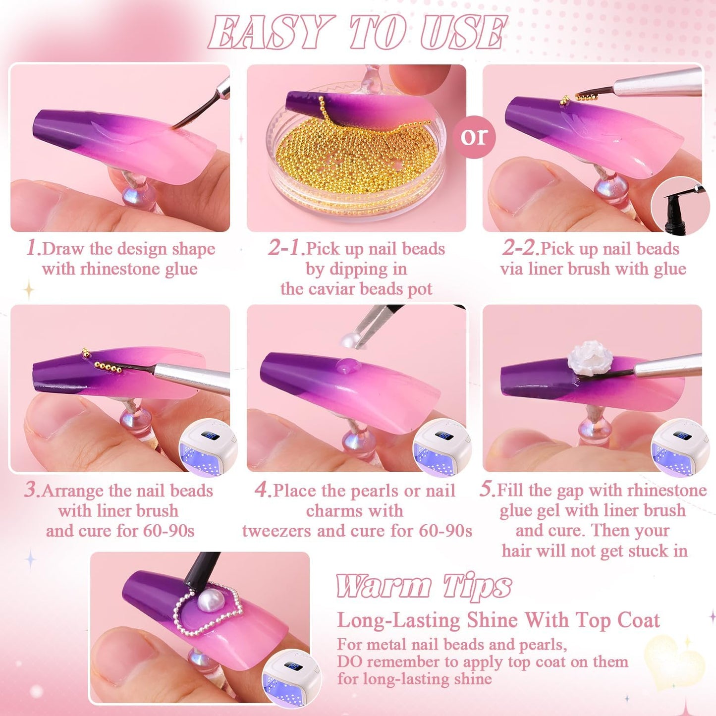 Flatback Pearls (White) and Metal Nail Beads (Silver) and Glass Rhinestones (Clear+AB) with Rhinestones Glue Gel for Nail Art, Pearl Nail Charms and Round Caviar Beads Crystals Gem for Manicure Decor