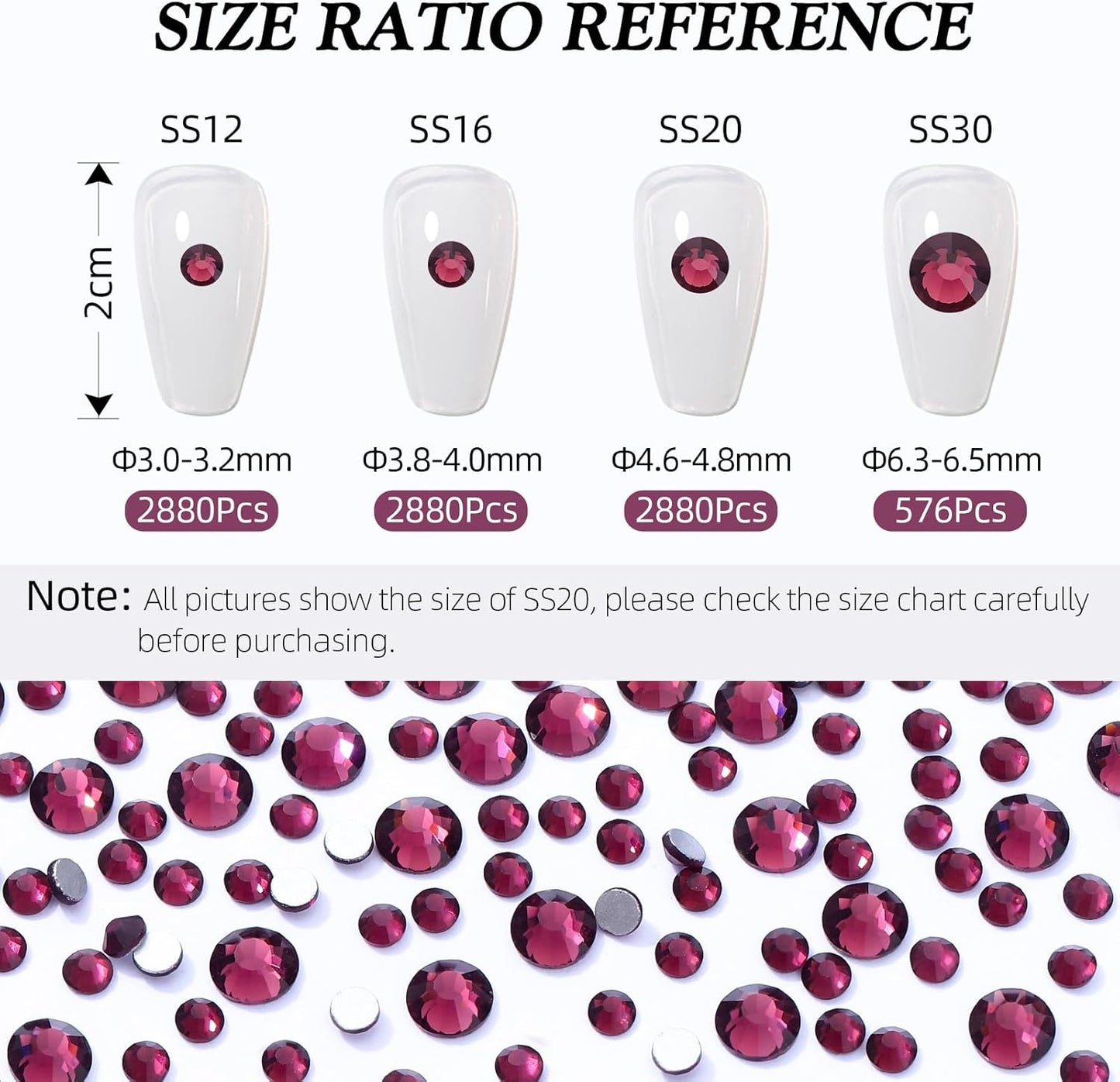 Purple Flatback Rhinestones, Glass Rhinestones for Nail Art and Craft, Glue Fix, Loose Crystal Gemstones(Purple, SS12, 2880pcs, 2.9-3.0mm)