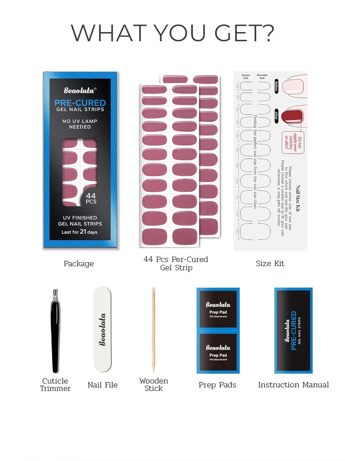 Pre Cured Gel Nail Strips - 44PCS Salon Quality Gel Nail Stickers - Long Lasting Polish Wraps for Women no UV Light Needed Easy Apply& Remove (Sultry Purple)