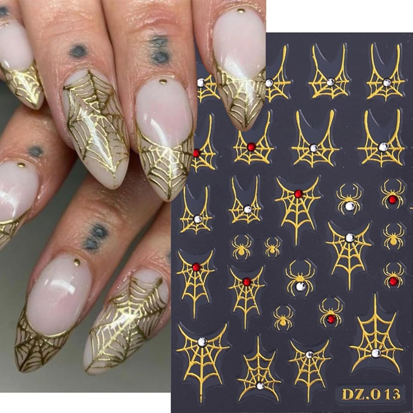 Halloween Nail Art Stickers Decals 4PCS Golden Spider Web Spider Nail Decals with Rhinestone White Red Crystal Spider Web Spider Nail Stickers Bow Heart Halloween Nail Art Supplies for Women Manicure
