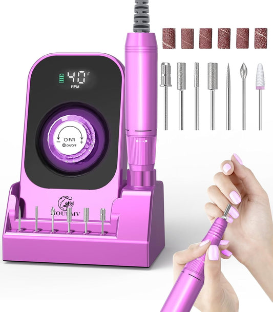 Professional Nail Drill Electric File: 40000RPM Portable Nail File Machine, Rechargeable Cordless Nail E-File with Bits & Base for Acrylic Nails Remove Nail Gel Polish Manicure for Salon Home, Purple