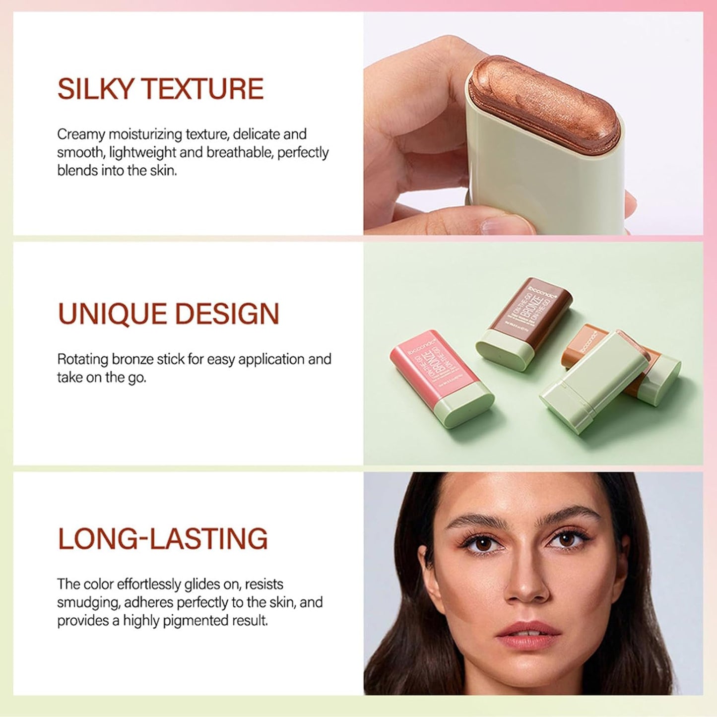 On-The-Go Bronzer Stick,Multi-Use Cream Contour Stick,Natural Long Lasting Face Bronzer,Smooth Highlighter Contour Stick,Bronze Contour Makeup Facial Shaping,02 Soft Glow