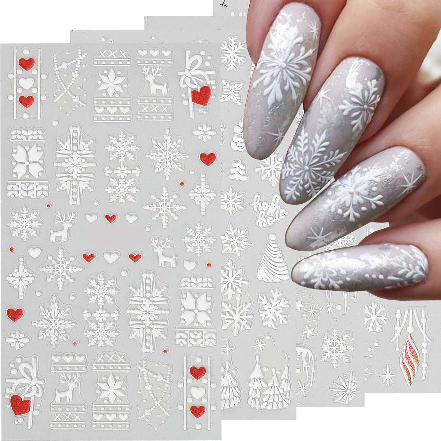 HNUIX Nail Stickers - Snowflake 5D, Self Adhesive Nail Decals, Multi Pattern, 4 Sheets, for Nail Art