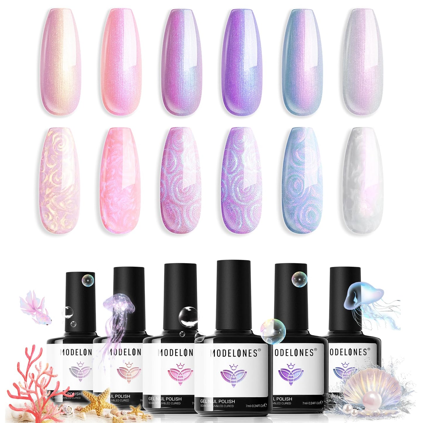 modelones Gel Nail Polish, 6 Colors Shimmer Pearl White Pink Purple Mermaid Nail Drawing Glitter Gel Polish with Dotting Pen Soak Off Led Nail Polish Swirl Shell Thread Effect Manicure DIY Gift