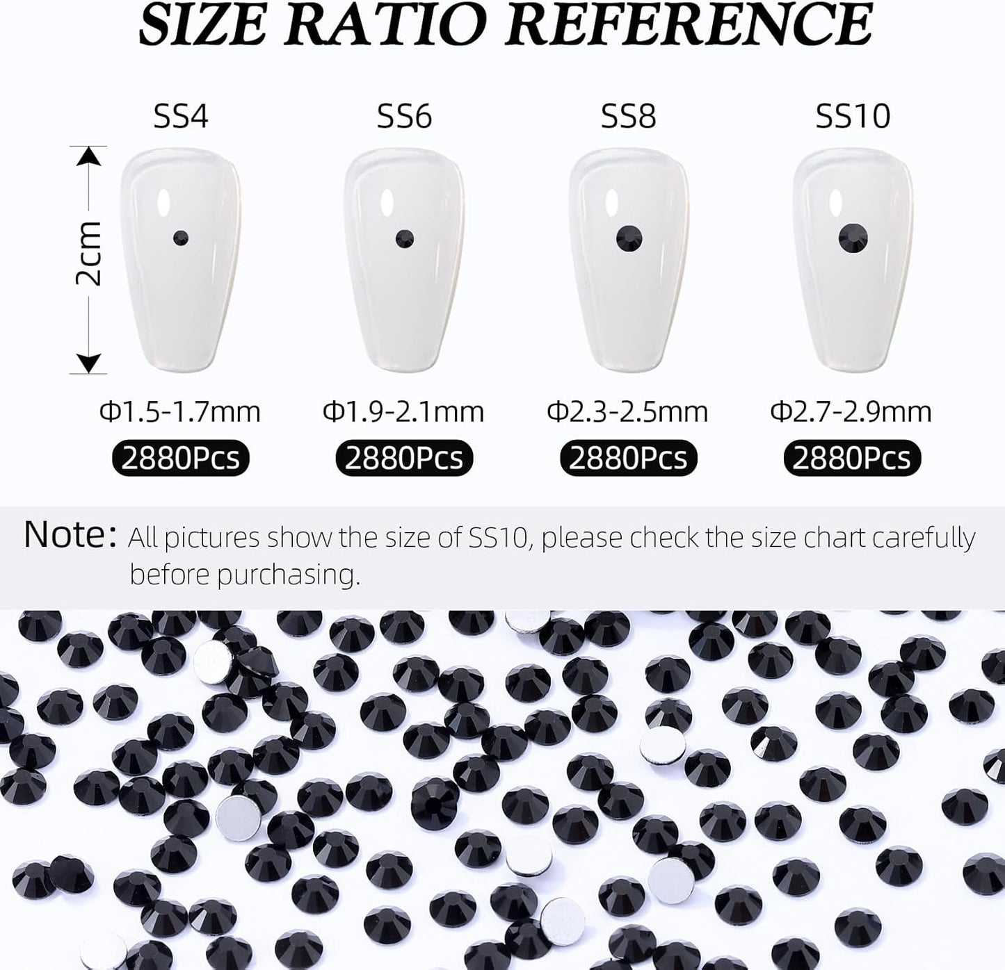 Black Flatback Rhinestones, Glass Rhinestones for Nail Art and Craft, Glue Fix, Loose Crystal Gemstones(Black, SS8, 2880pcs, 2.3-2.5mm)