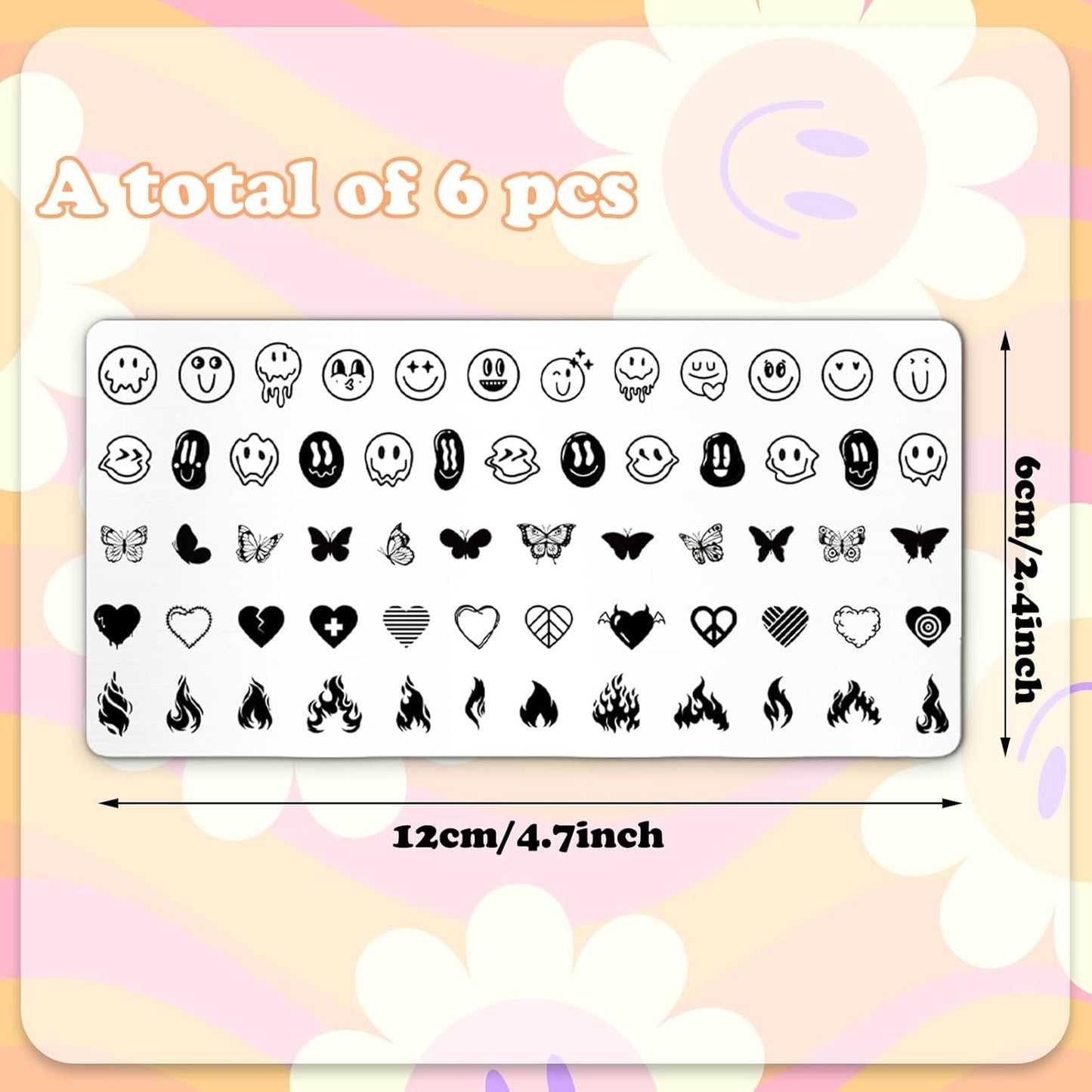 Whaline 6Pcs Smile Face Nail Plates Stamping Set Heart Butterfly Star Flower Smiling Stamp Templates Groovy Nail Art Plates for DIY Print Manicure Salon Design Gift Supplies