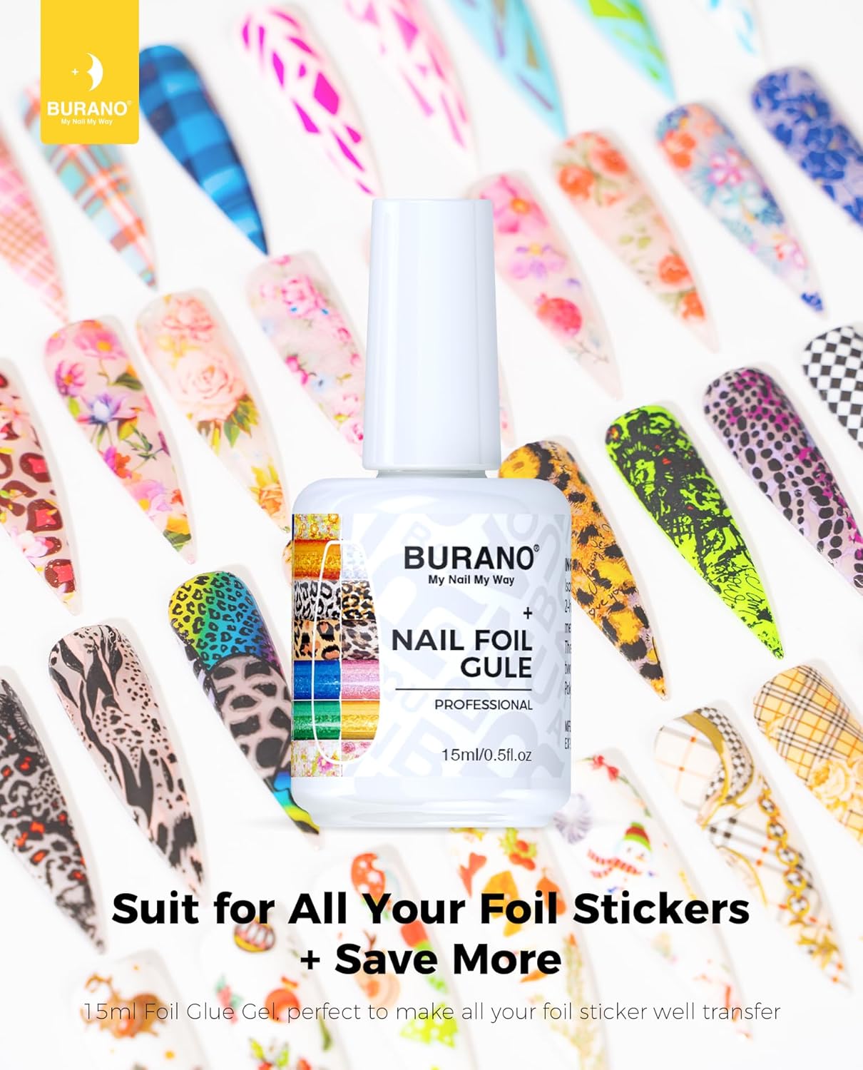 BURANO Nail Art Nail Foil Glue Gel, o.5 oz with 10PCS Foil Stickers Set Nail Foil Glue for Nails Foil Transfer Gel, Nail Design DIY UV LED Lamp Required (Leopard Foil 08)