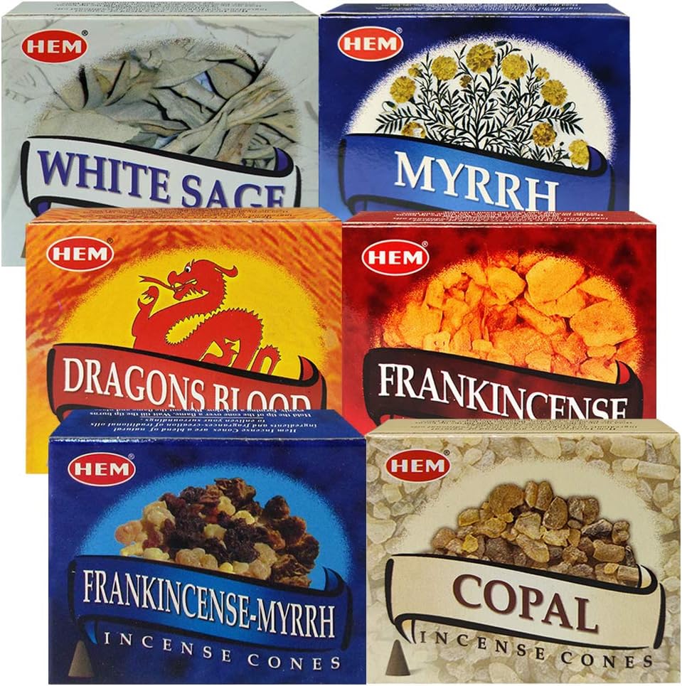 Hem Incense Cones Variety Pack #4 and Inscents-Cones Burner Holder with 6 Most Popular Fragrances - Dragons Blood, Frankincense, Myrrh - Total 60 Scented Cone Incense (6 Scents x 10 Conos)