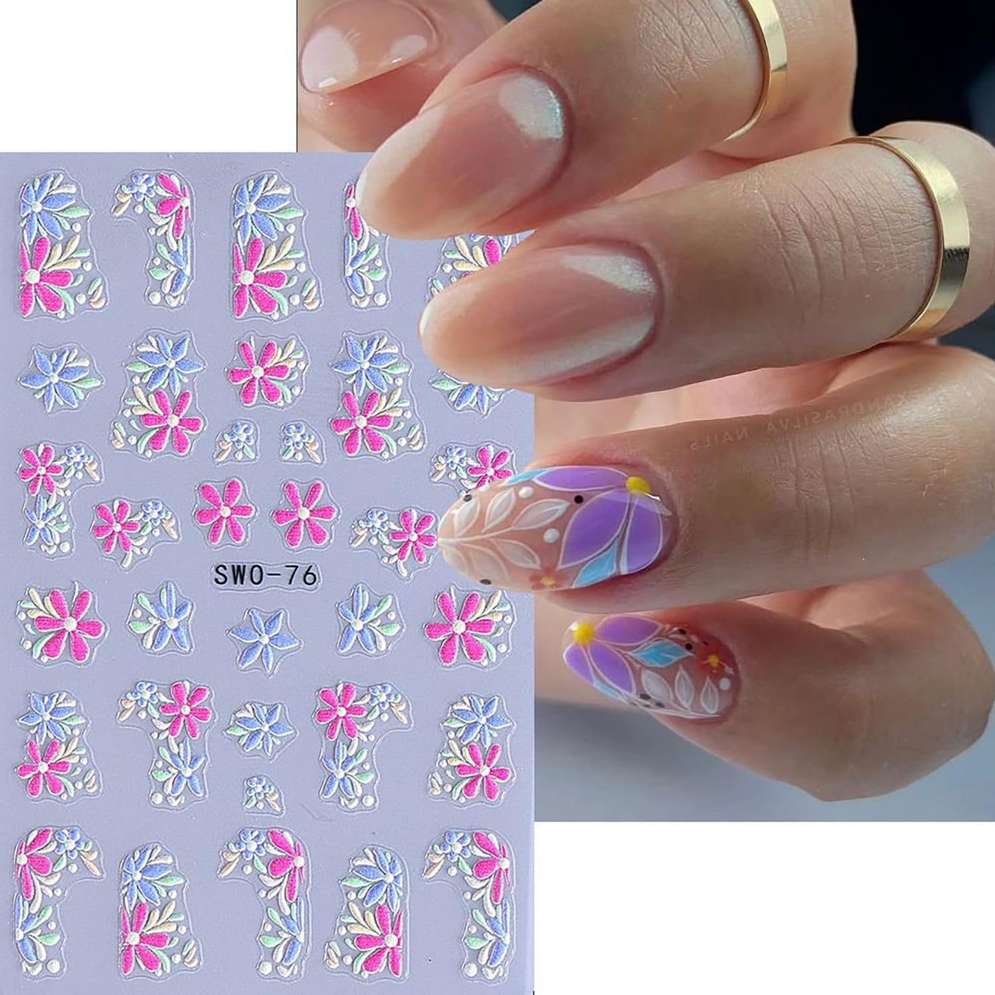 6 Sheets Flower Nail Art Stickers Rose Daisy Nails Art Decals 3D Self-Adhesive Nails Sticker Holographic Stereo Blossom Decal Decoration for Women Wreath Manicure Stickers DIY Nail Supplies