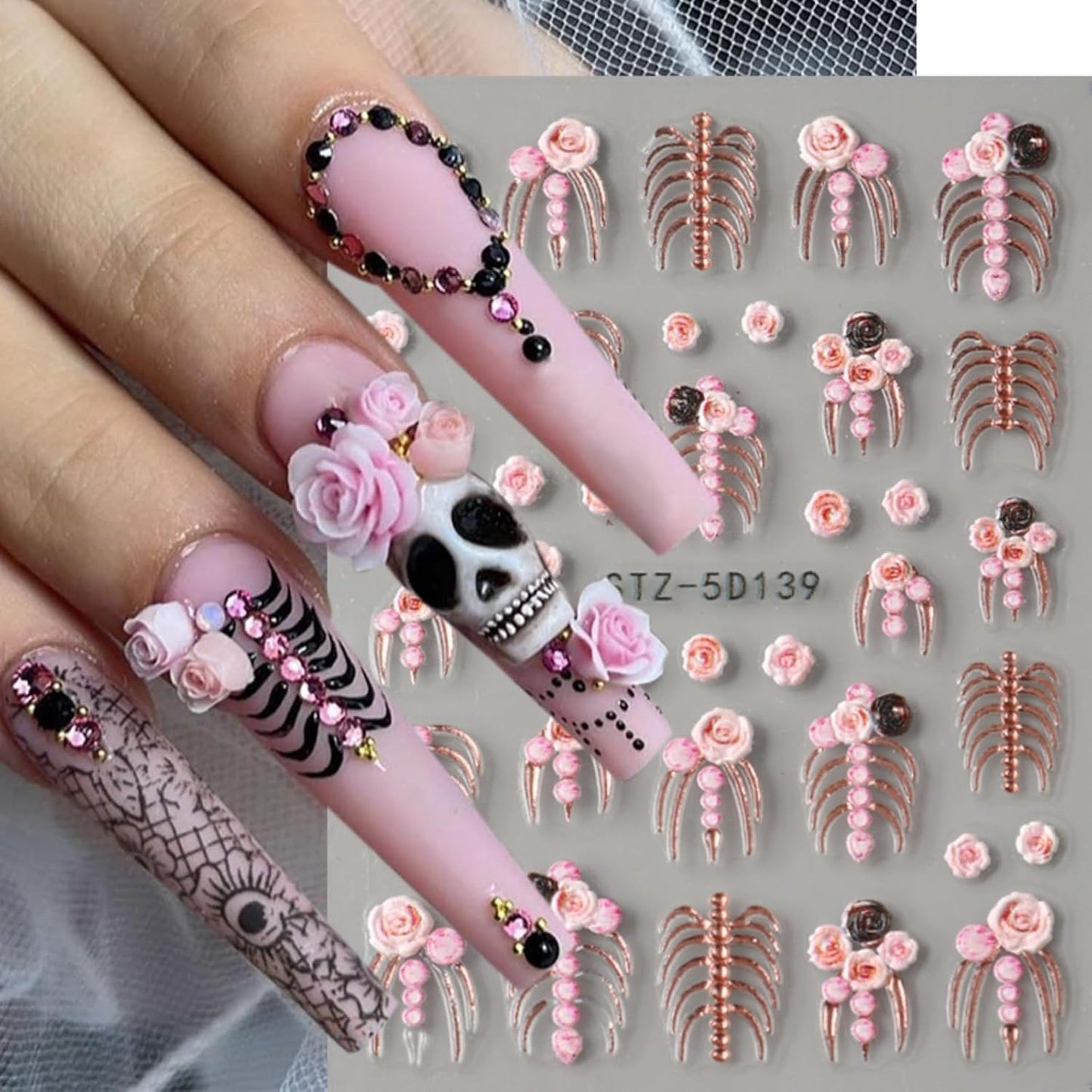 2Pcs Halloween Nail Art Stickers 5D Embossed Halloween Nail Decals Gold Pink Skeleton Bone Rose Blossom Pattern Nail Designs Stickers Skull Nail Supplies for Women Manicure Tip Decorations Accessories