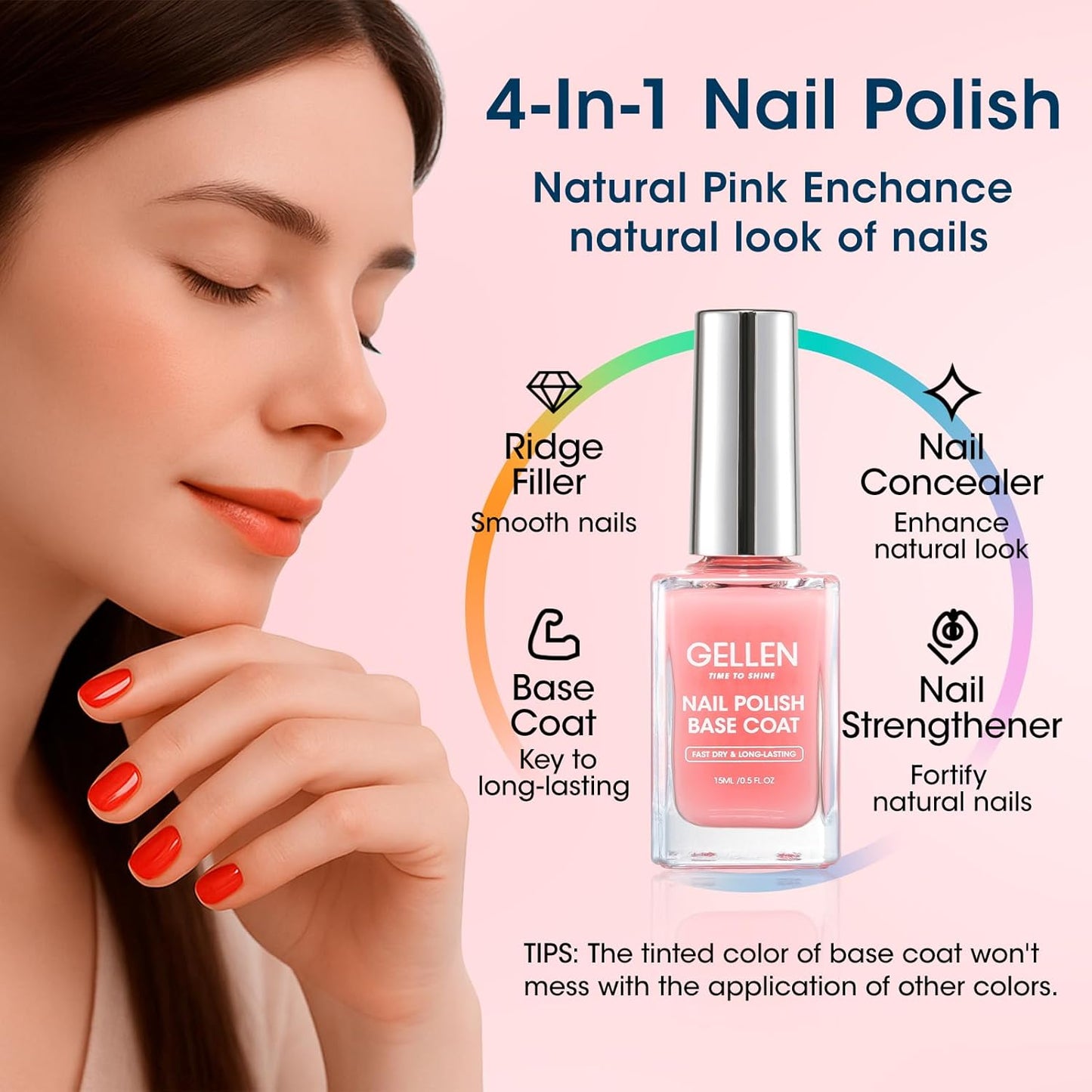 GELLEN Clear Nail Polish Base Top Coat, Sheer Pink Tinted Base Coat & Shine No Wipe Top Coat for Strengthening Thin Damaged Natural Nails, Quick Dry Regular Nail Polish No UV Gel, Hema Free, Non-toxic