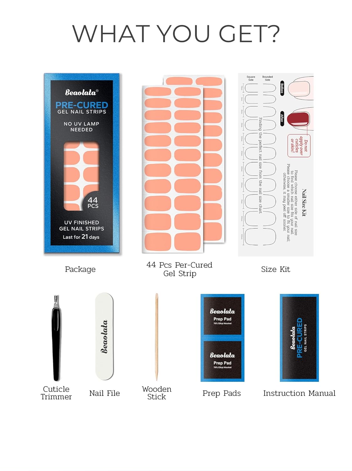 Pre Cured Gel Nail Strips - 44PCS Salon Quality Gel Nail Stickers - Long Lasting Polish Wraps for Women no UV Light Needed Easy Apply& Remove (Marigold Orange）